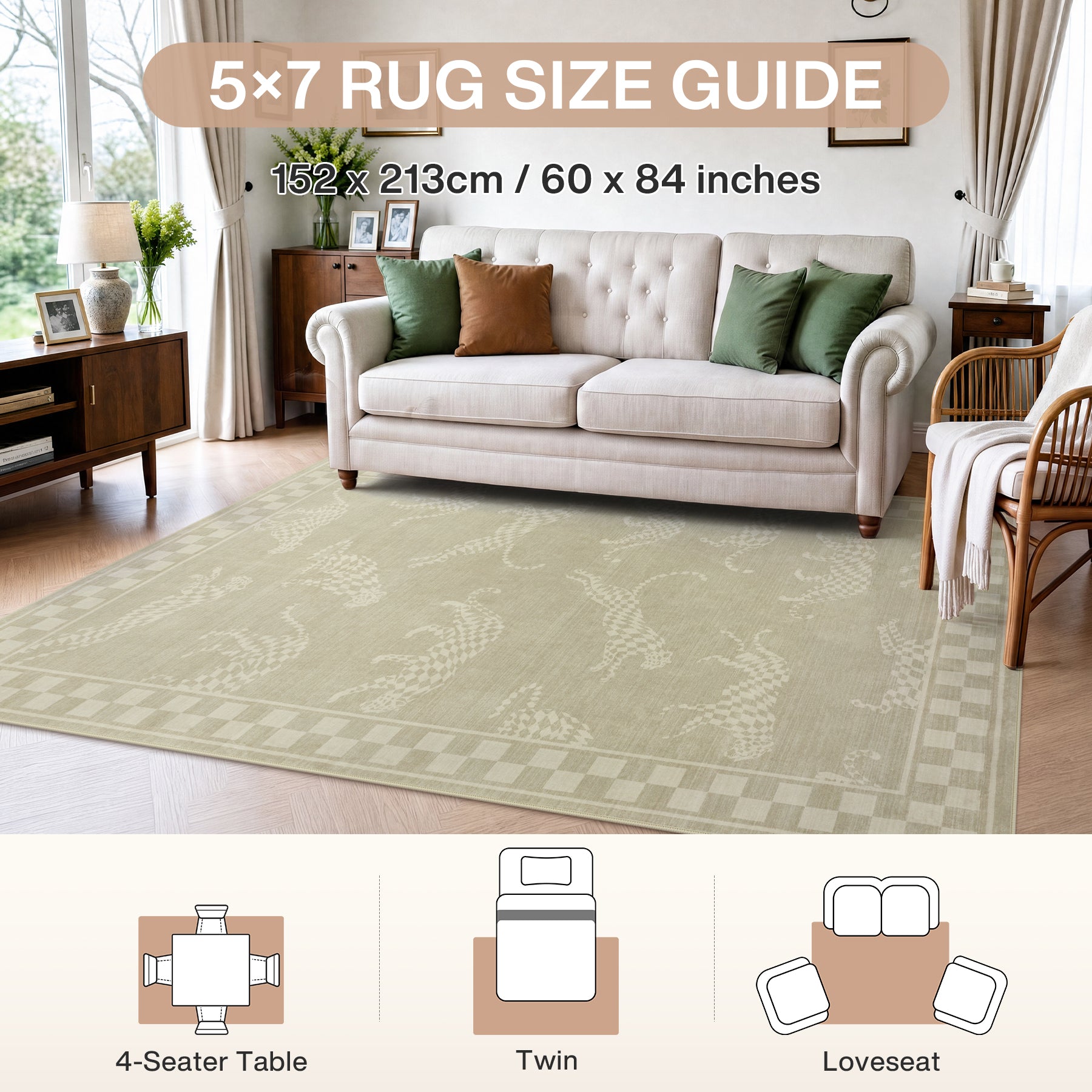 Leaping Cheetah Print Checkered Area Rug, Machine Washable Soft Non-Slip Low Pile Carpet, Oeko-Tex Certified