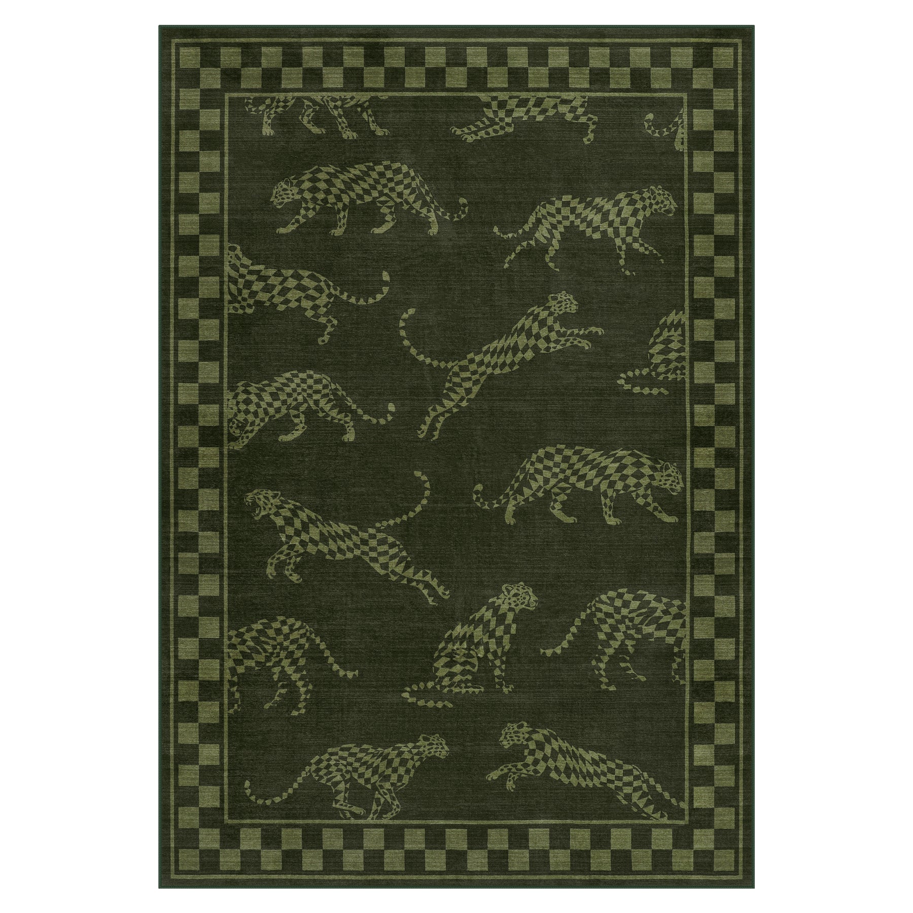 Leaping Cheetah Print Checkered Area Rug, Machine Washable Soft Non-Slip Low Pile Carpet, Oeko-Tex Certified