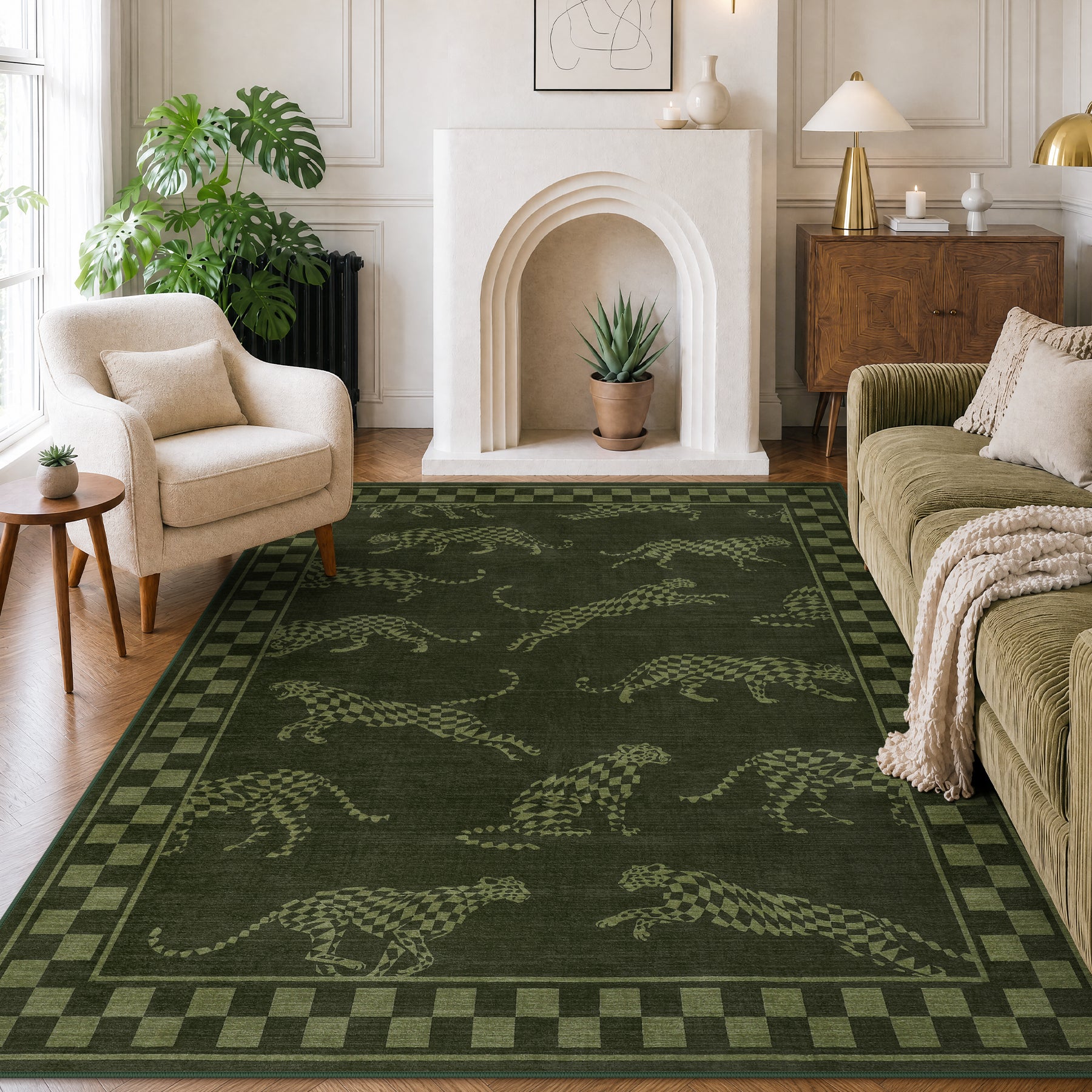 Leaping Cheetah Print Checkered Area Rug, Machine Washable Soft Non-Slip Low Pile Carpet, Oeko-Tex Certified