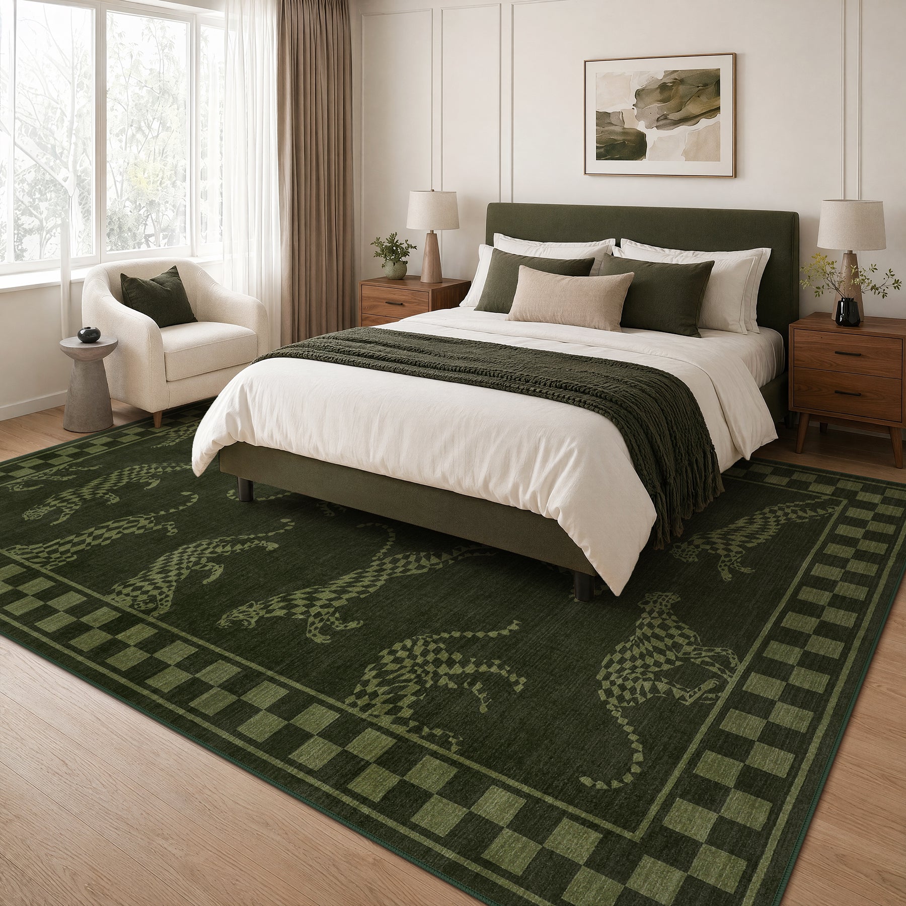 Leaping Cheetah Print Checkered Area Rug, Machine Washable Soft Non-Slip Low Pile Carpet, Oeko-Tex Certified