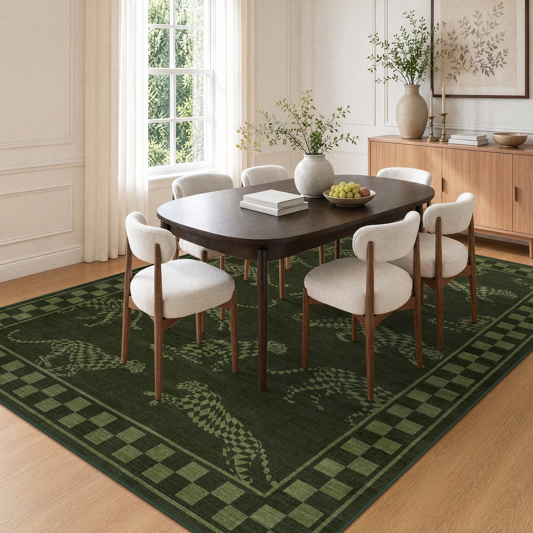Leaping Cheetah Print Checkered Area Rug, Machine Washable Soft Non-Slip Low Pile Carpet, Oeko-Tex Certified