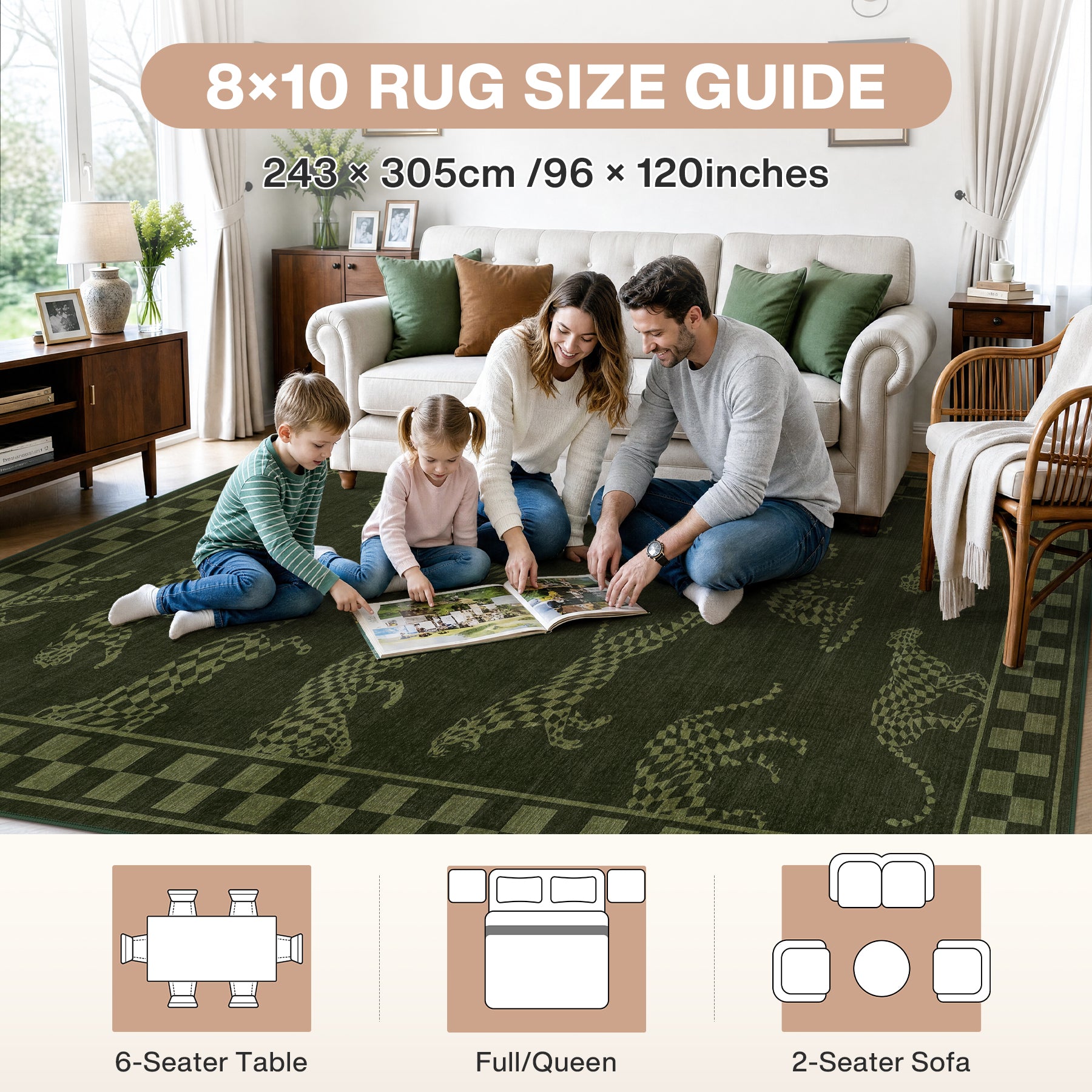 Leaping Cheetah Print Checkered Area Rug, Machine Washable Soft Non-Slip Low Pile Carpet, Oeko-Tex Certified
