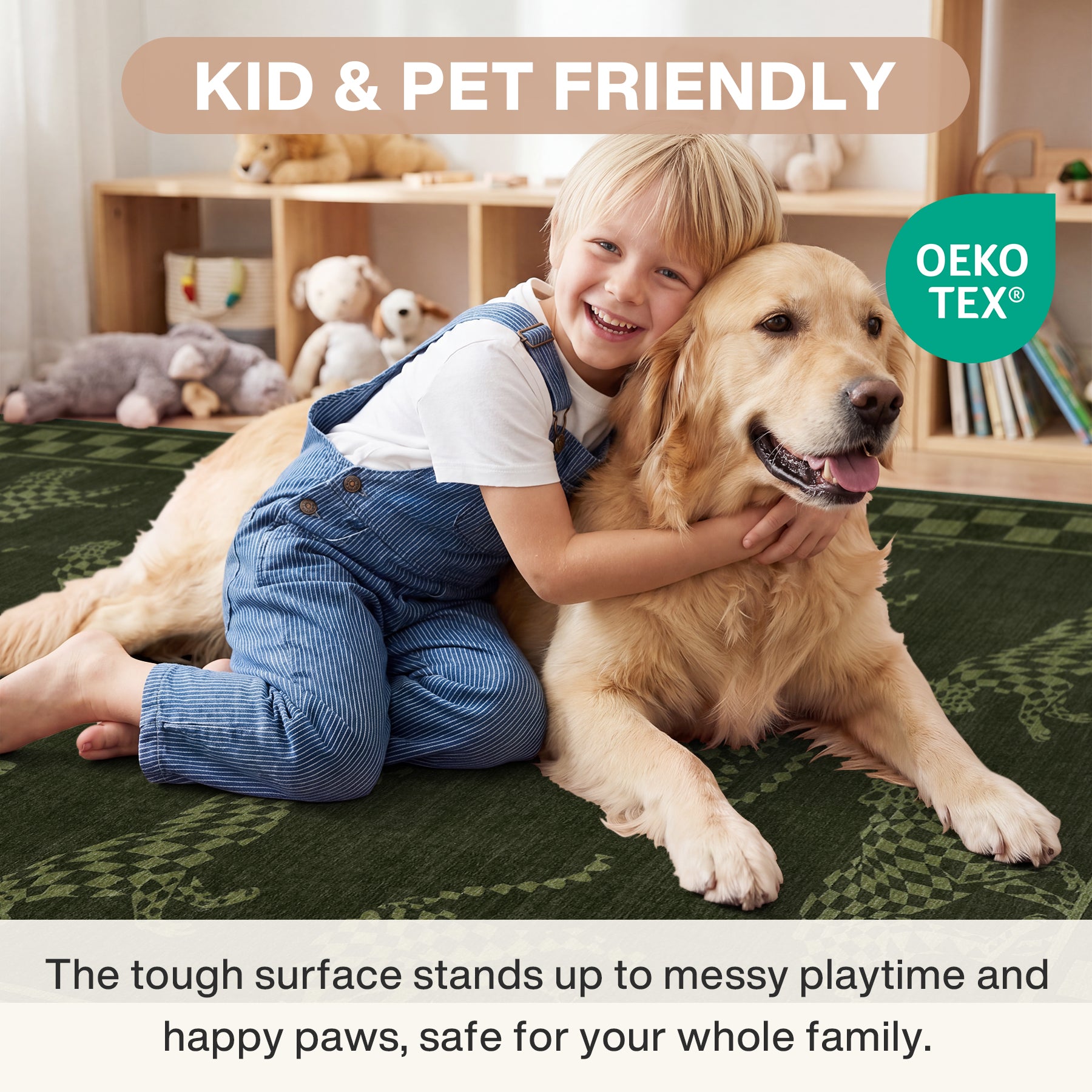 Leaping Cheetah Print Checkered Area Rug, Machine Washable Soft Non-Slip Low Pile Carpet, Oeko-Tex Certified