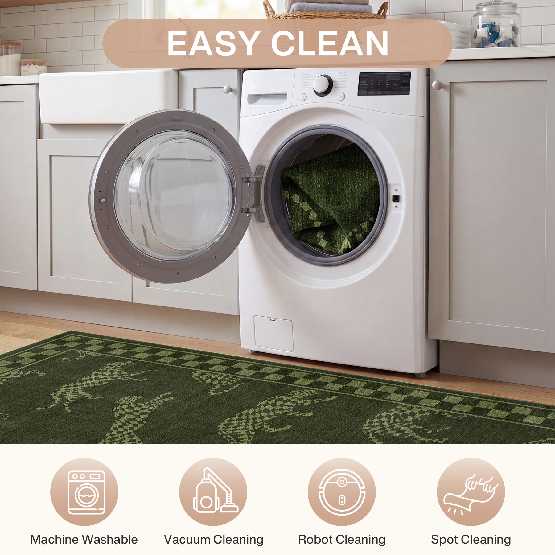 Leaping Cheetah Print Checkered Area Rug, Machine Washable Soft Non-Slip Low Pile Carpet, Oeko-Tex Certified