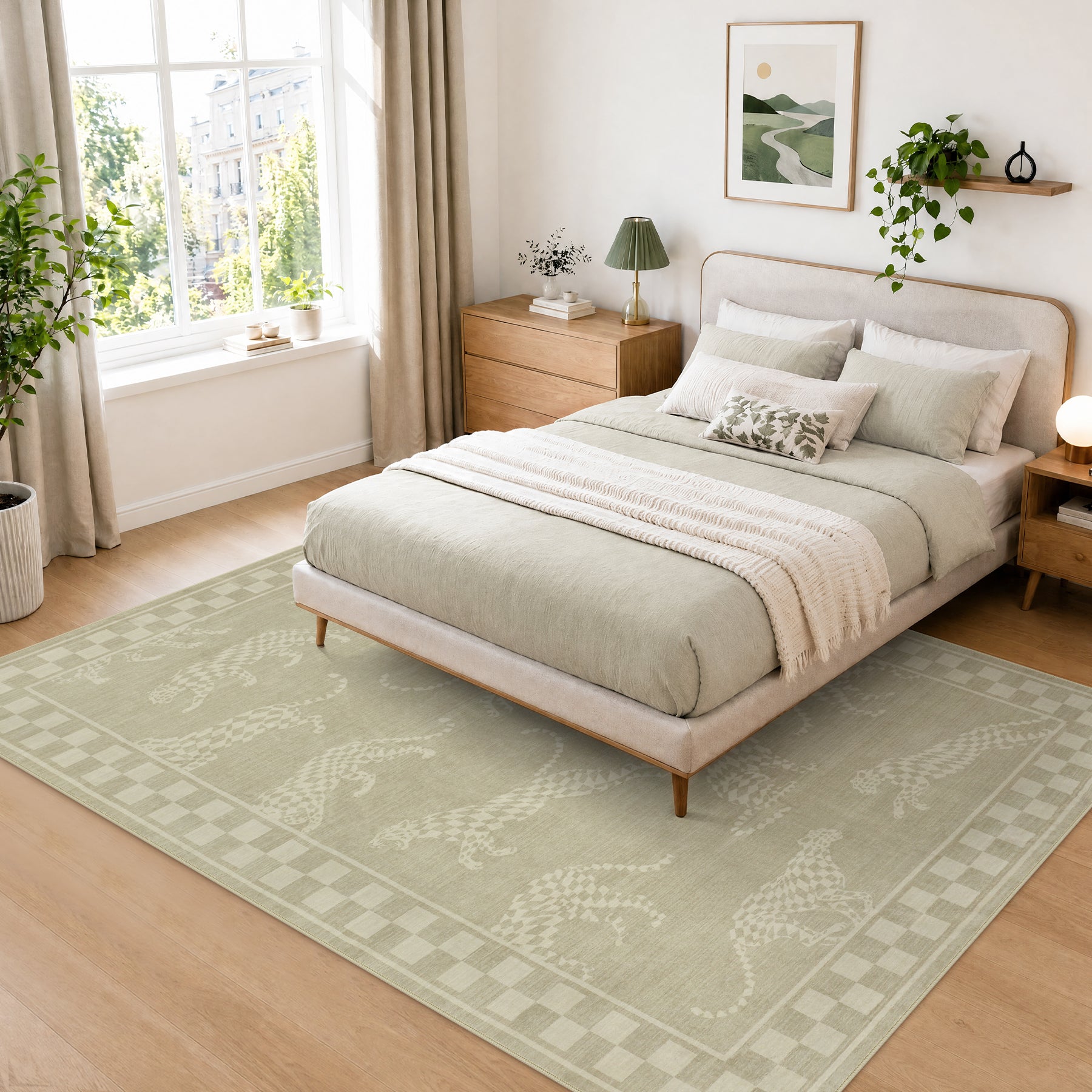 Leaping Cheetah Print Checkered Area Rug, Machine Washable Soft Non-Slip Low Pile Carpet, Oeko-Tex Certified