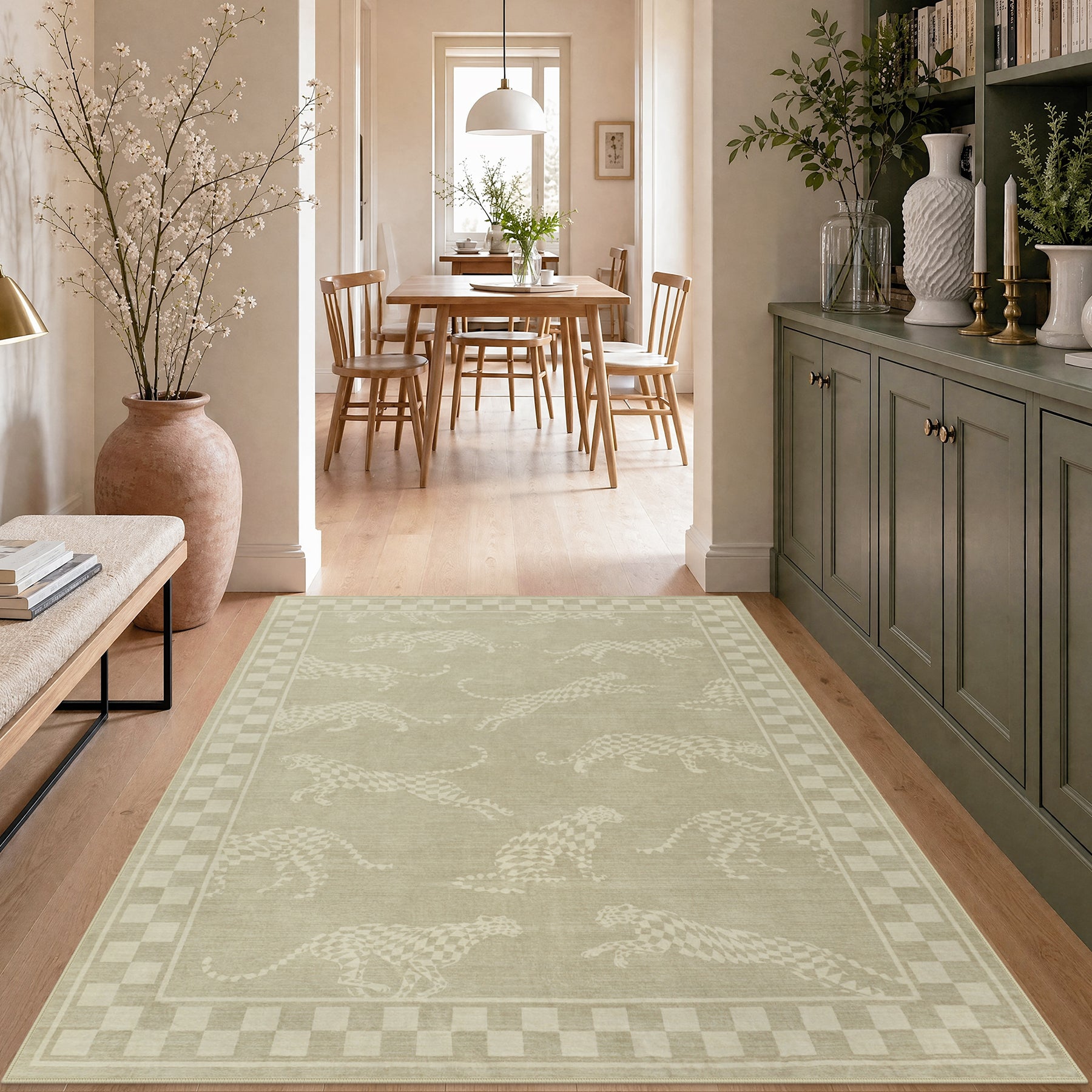 Leaping Cheetah Print Checkered Area Rug, Machine Washable Soft Non-Slip Low Pile Carpet, Oeko-Tex Certified