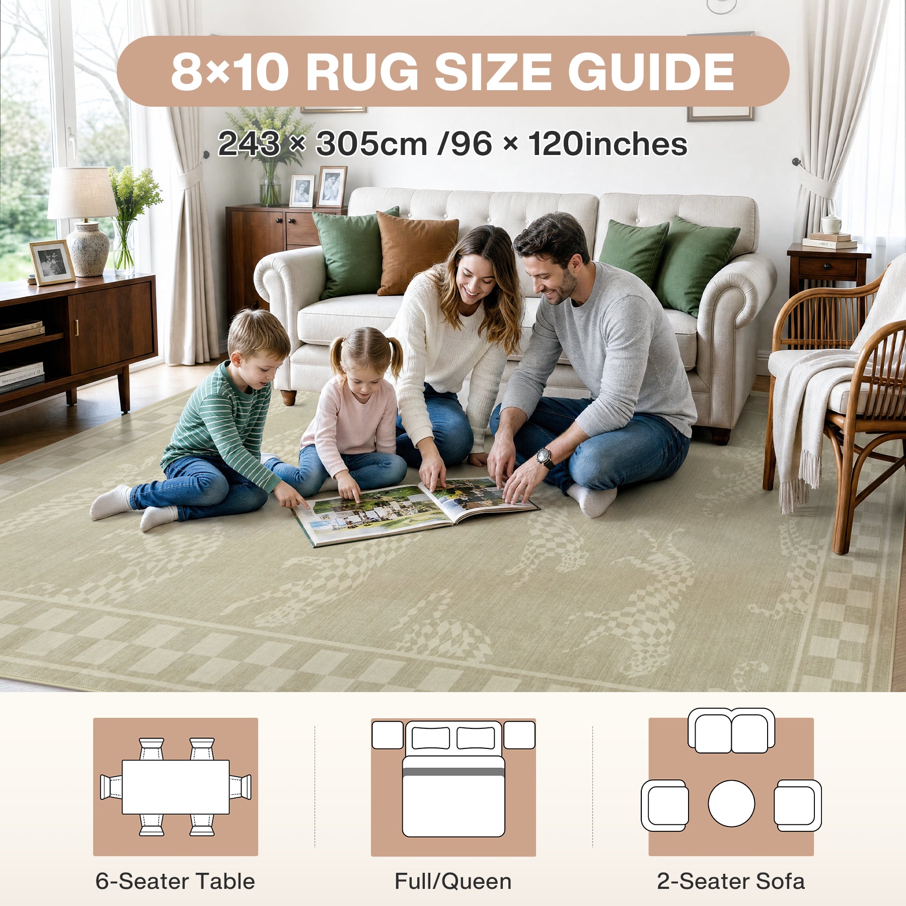Leaping Cheetah Print Checkered Area Rug, Machine Washable Soft Non-Slip Low Pile Carpet, Oeko-Tex Certified