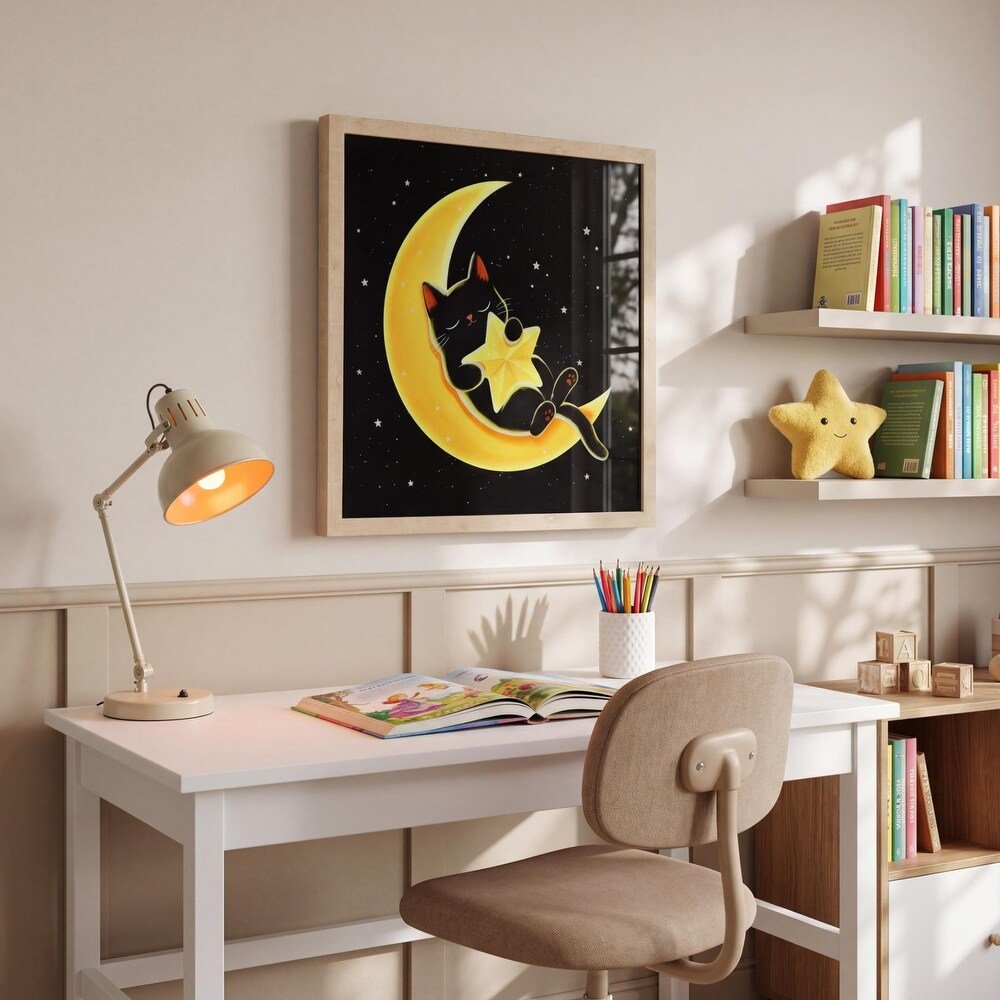 Lighted Framed Wall Art 24"x24" Moon Star Cat Wall Art Remote Control Color Changing LED Wall Decor
