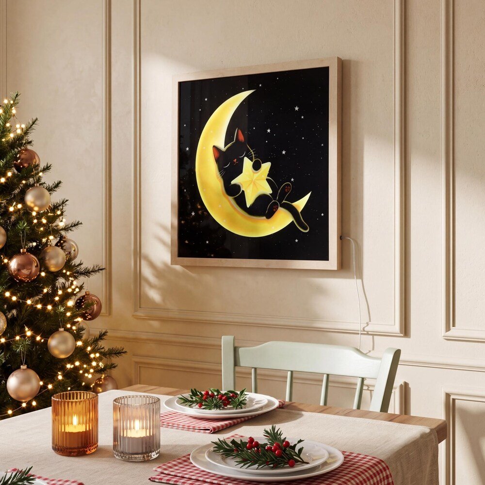 Lighted Framed Wall Art 24"x24" Moon Star Cat Wall Art Remote Control Color Changing LED Wall Decor