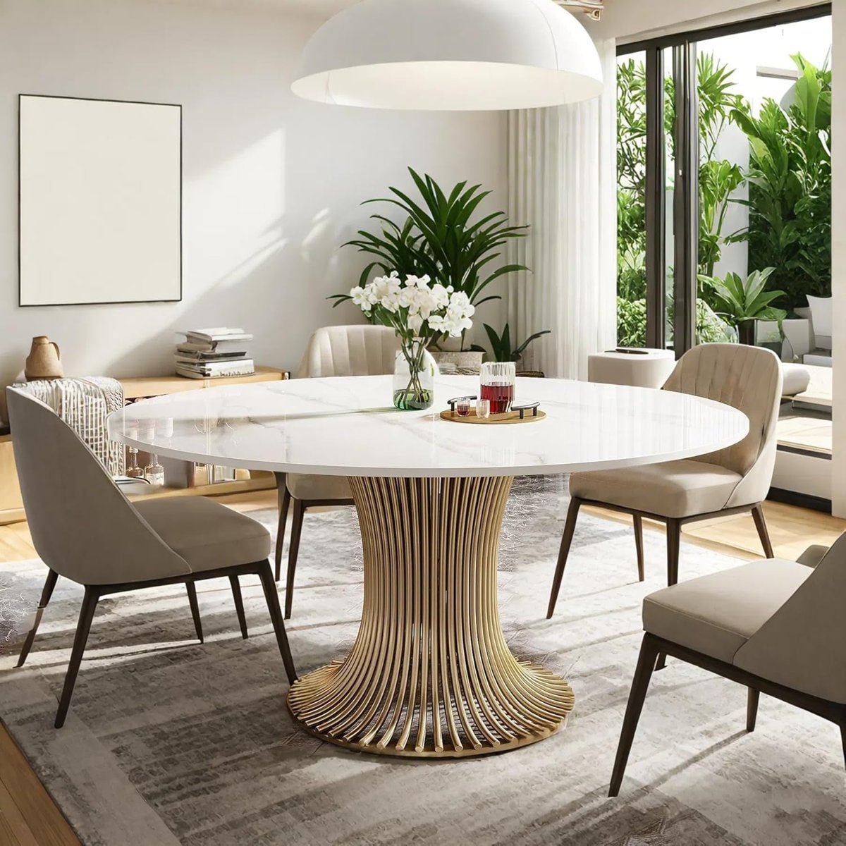 59" Sintered Stone Round Dining Table with Gold Stainless Steel Pedestal