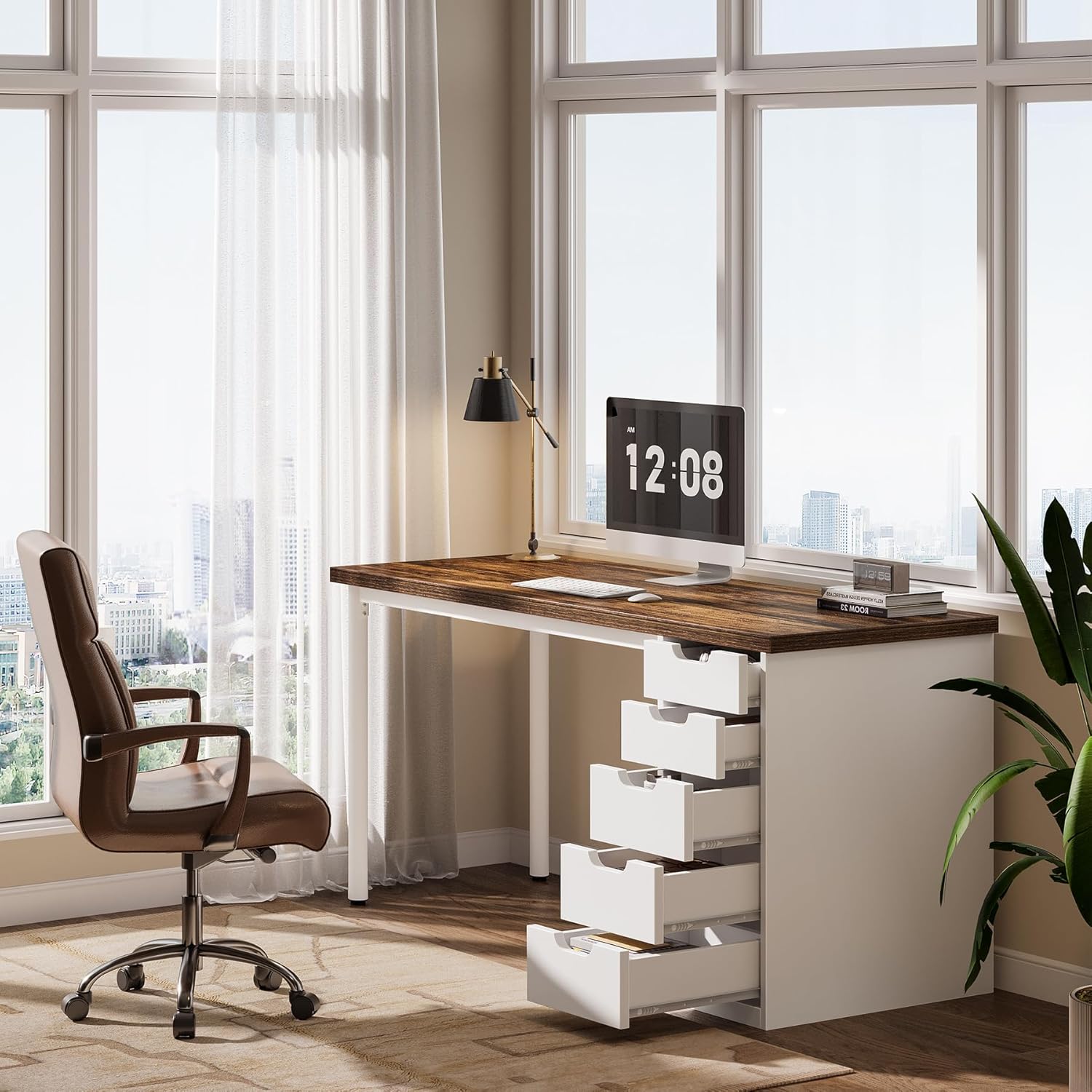 Modern Computer Desk, 47" Study Writing Table with 5 Reversible Drawers for Home Office