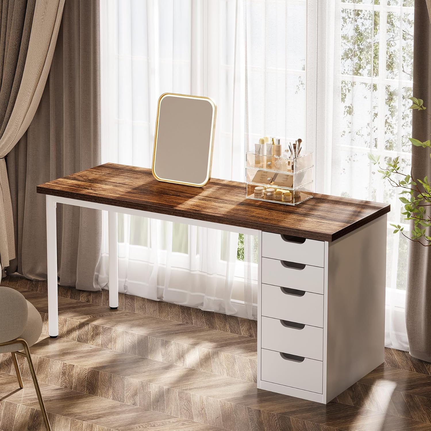 Modern Computer Desk, 47" Study Writing Table with 5 Reversible Drawers for Home Office