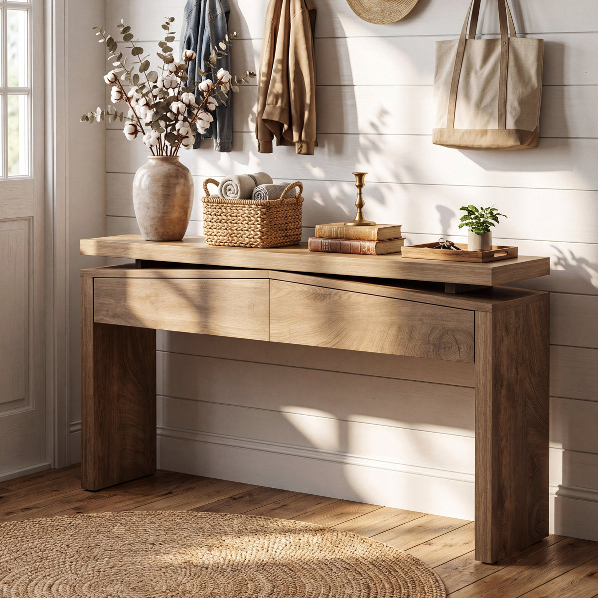 Console Table with 2 Drawers, Modern Wood Grain Entryway Sofa Table with Storage