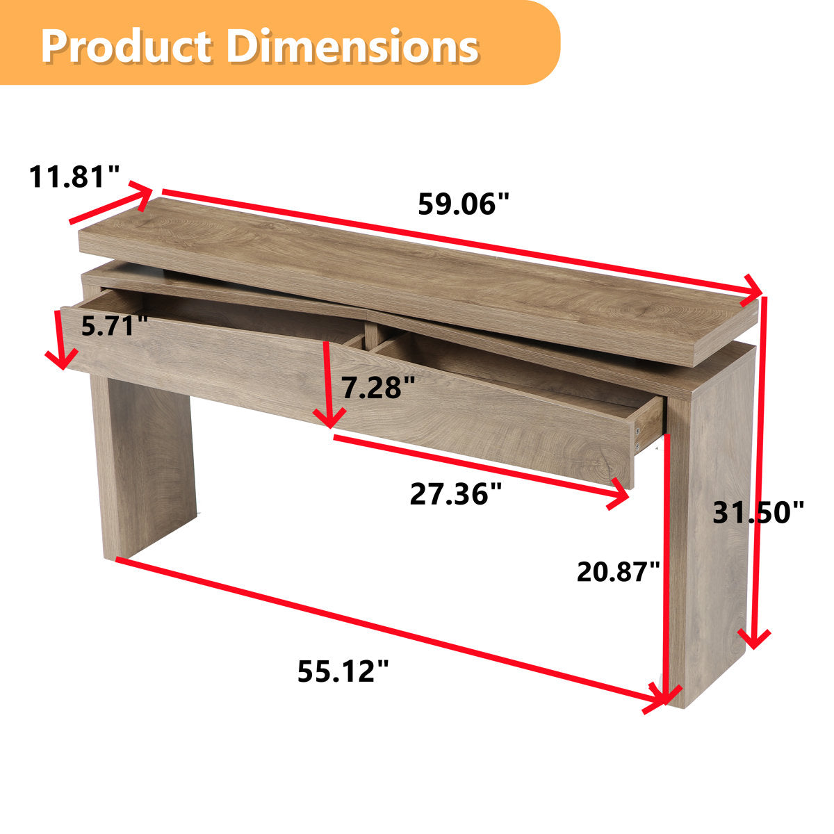 Console Table with 2 Drawers, Modern Wood Grain Entryway Sofa Table with Storage