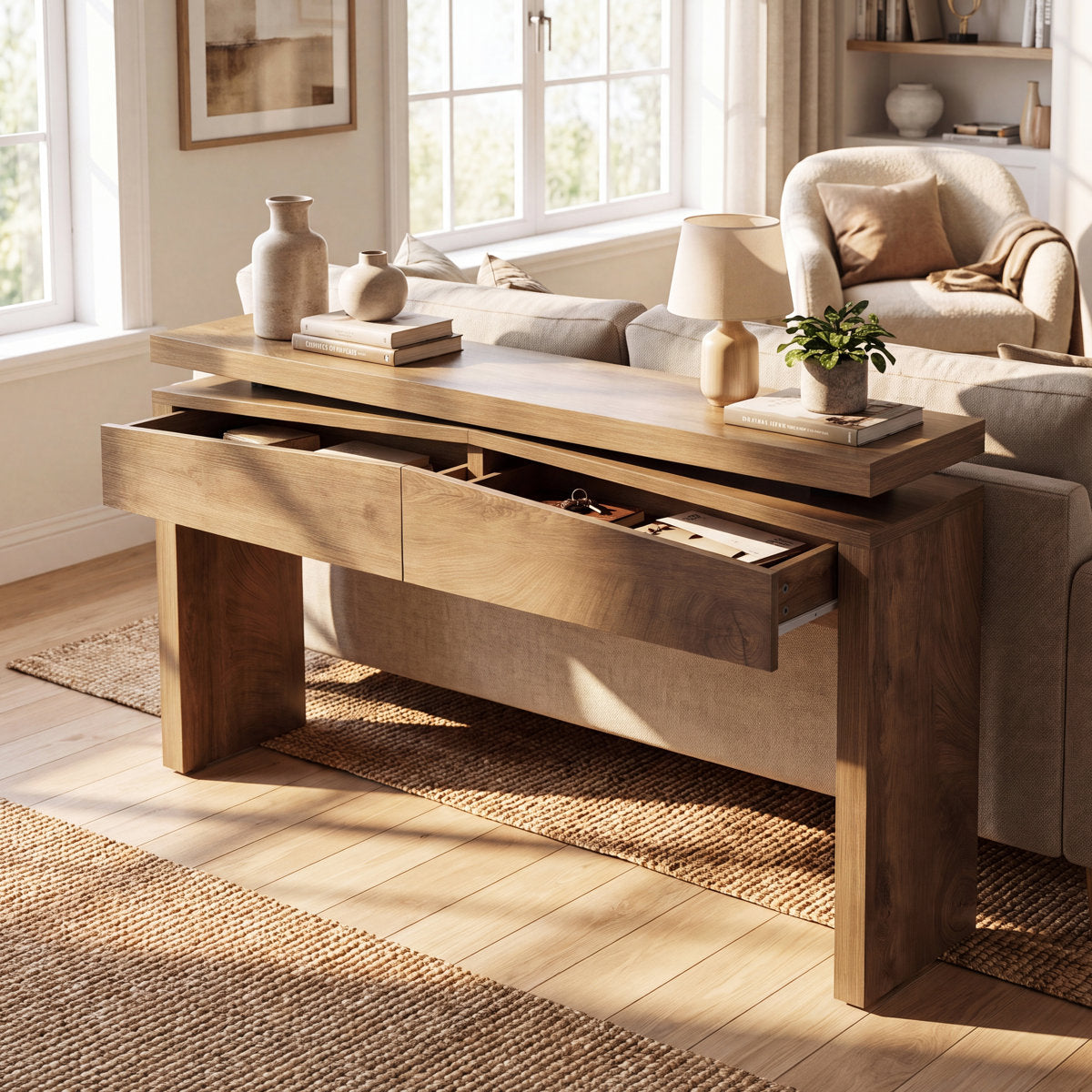 Console Table with 2 Drawers, Modern Wood Grain Entryway Sofa Table with Storage
