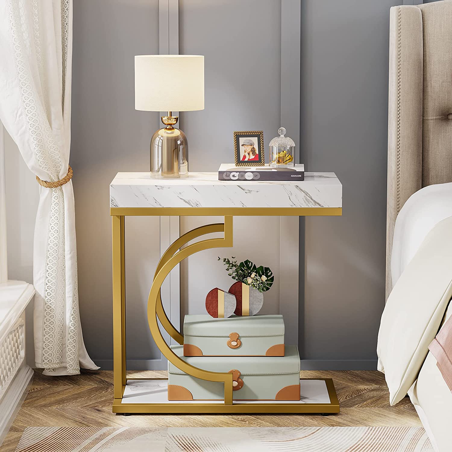 C Table, Modern End Table Bedside Table with Metal Frame Tribesigns