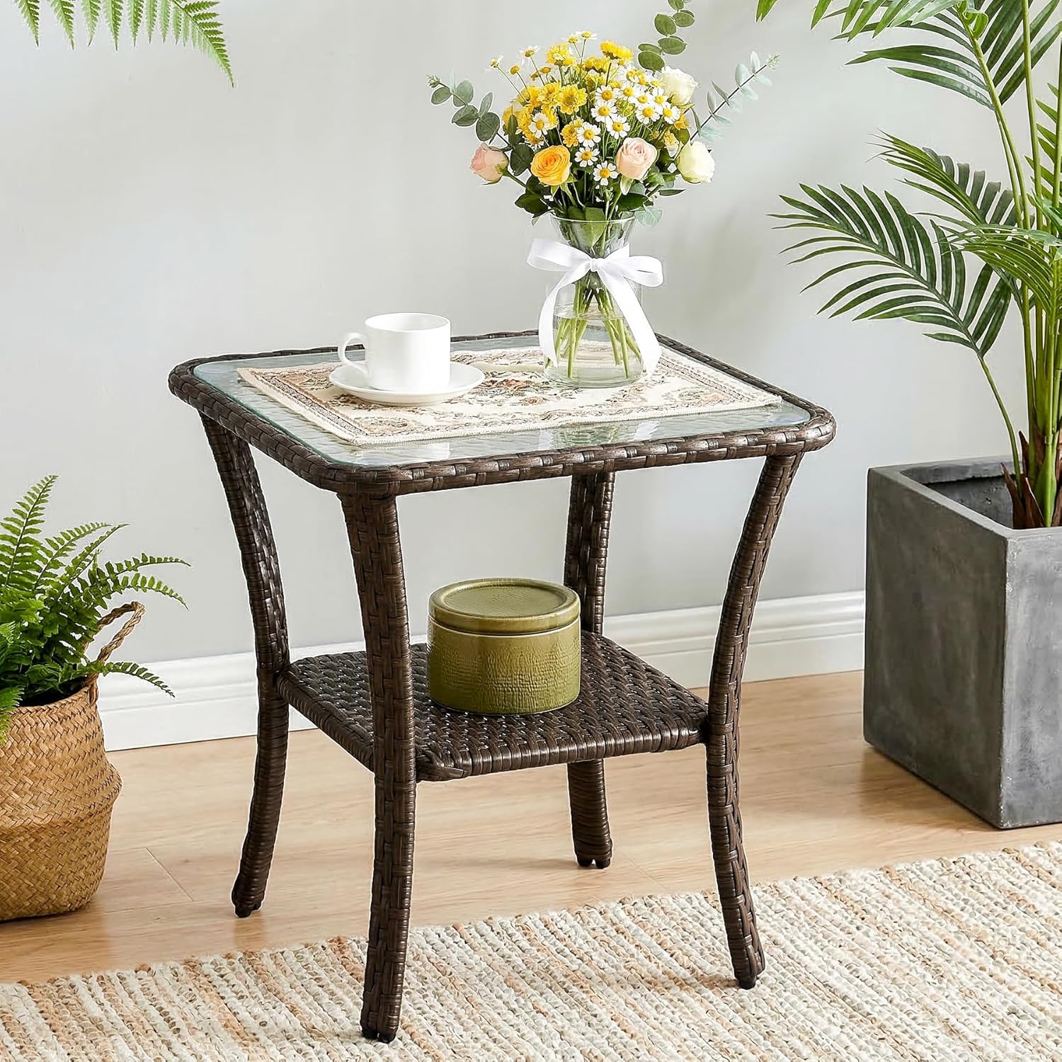 Outdoor Side Table, Rattan Wicker Table with Tempered Glass Top