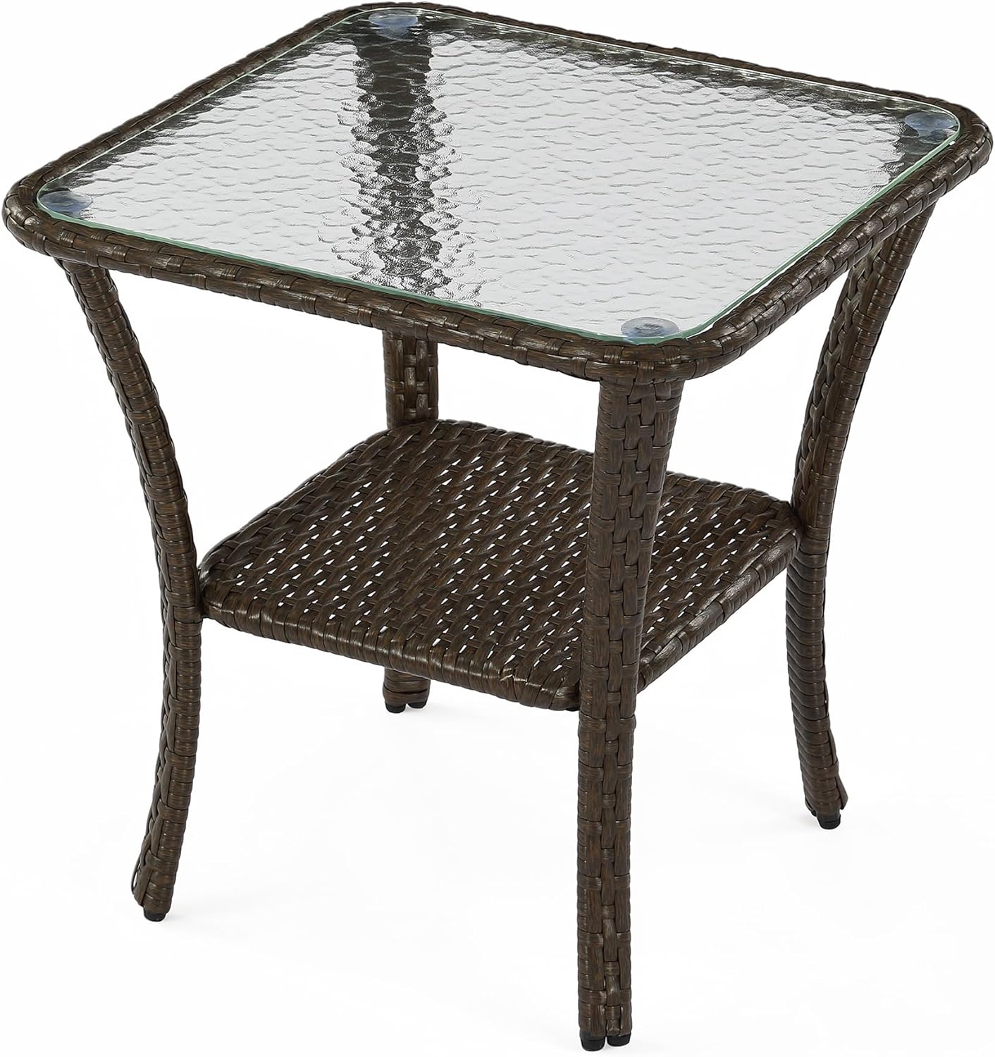 Outdoor Side Table, Rattan Wicker Table with Tempered Glass Top
