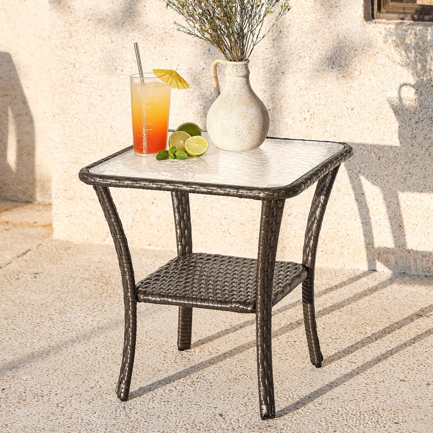 Outdoor Side Table, Rattan Wicker Table with Tempered Glass Top