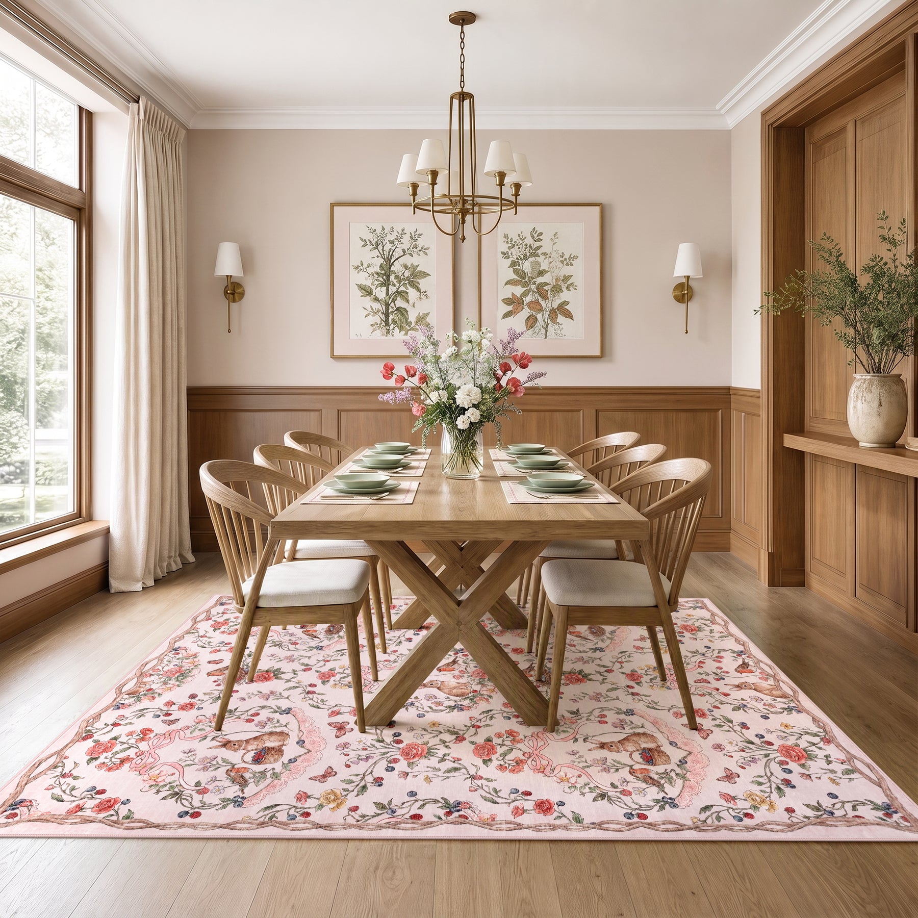 Pastoral Forest Bunny Floral Rug, Soft Water Mink Non-Slip Area Rug, Rectangular & Round Available