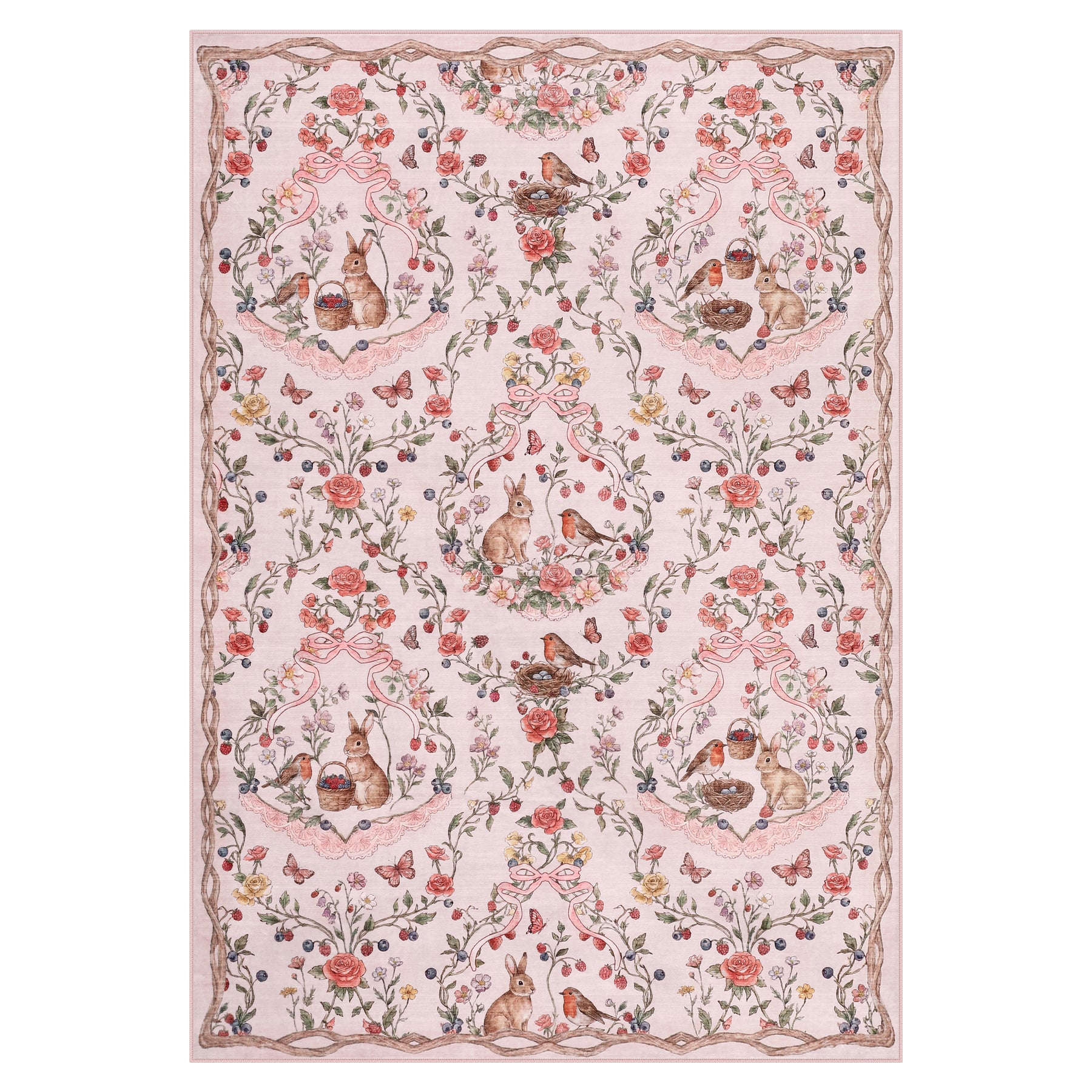 Pastoral Forest Bunny Floral Rug, Soft Water Mink Non-Slip Area Rug, Rectangular & Round Available