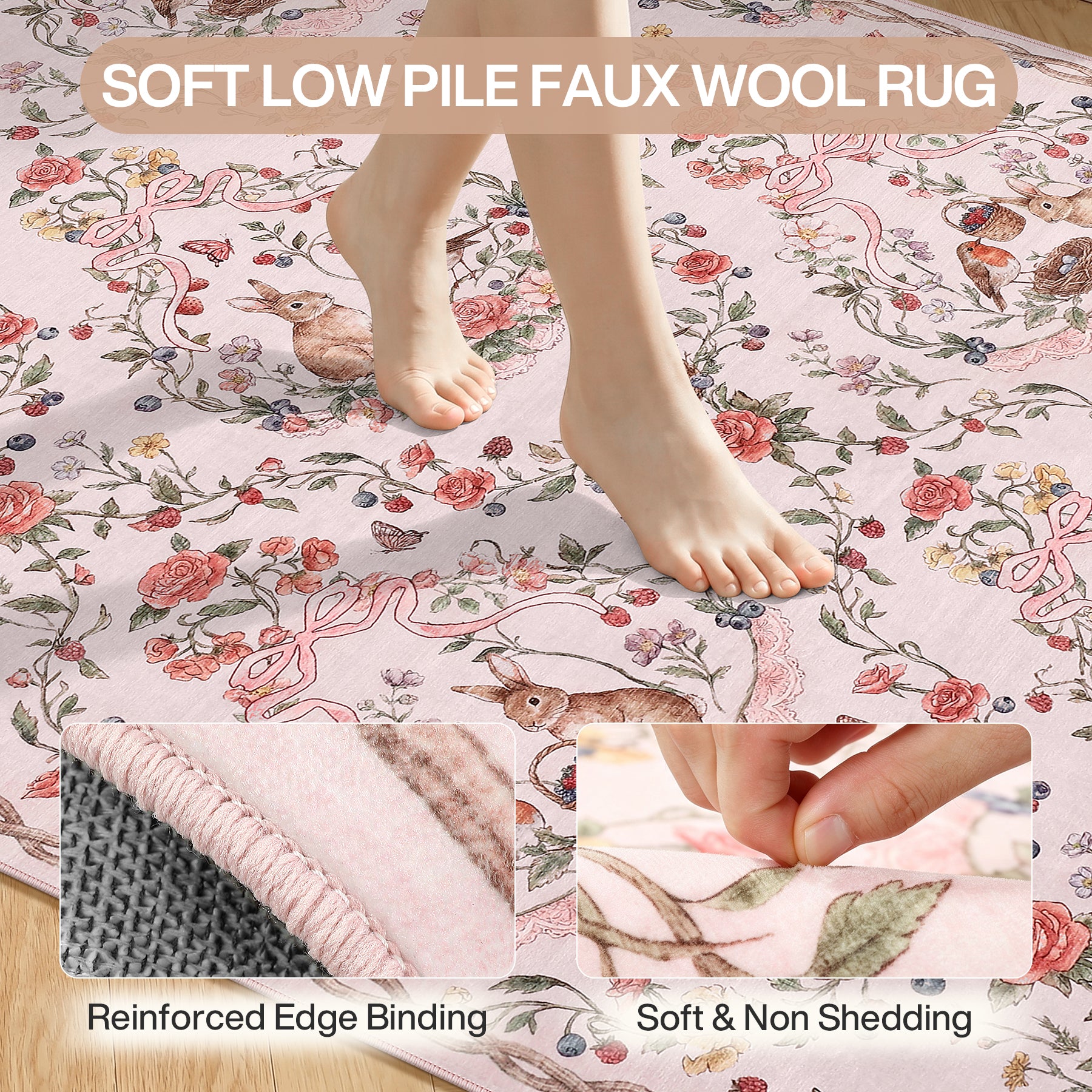 Pastoral Forest Bunny Floral Rug, Soft Water Mink Non-Slip Area Rug, Rectangular & Round Available