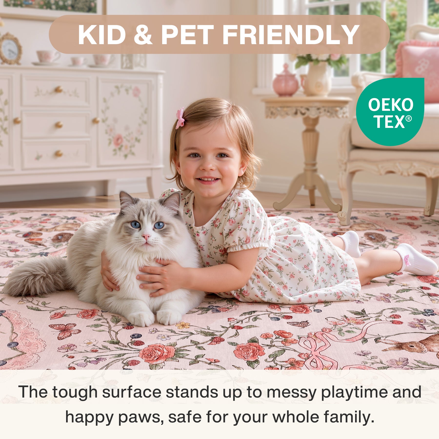 Pastoral Forest Bunny Floral Rug, Soft Water Mink Non-Slip Area Rug, Rectangular & Round Available