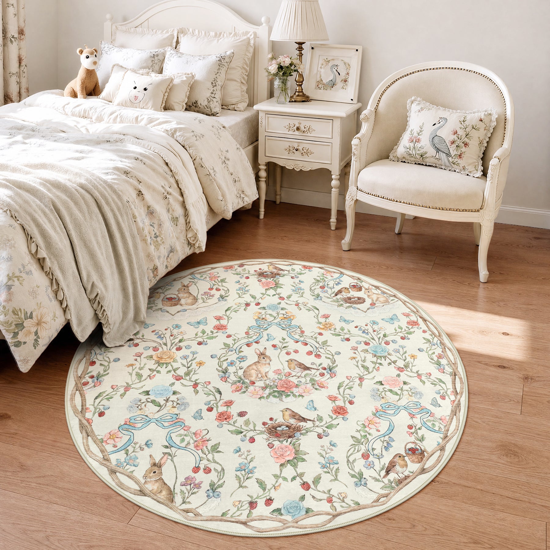 Pastoral Forest Bunny Floral Rug, Soft Water Mink Non-Slip Area Rug, Rectangular & Round Available