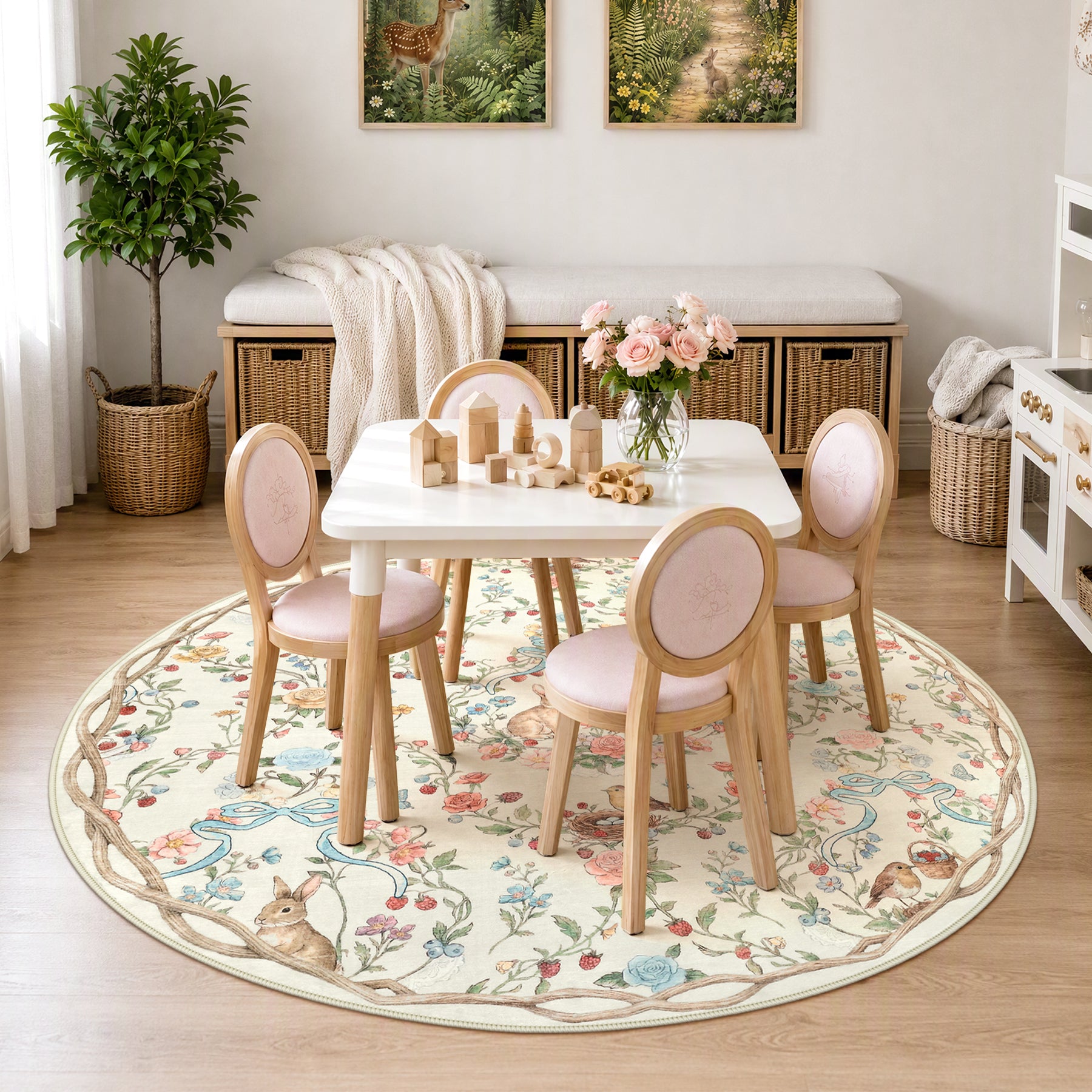 Pastoral Forest Bunny Floral Rug, Soft Water Mink Non-Slip Area Rug, Rectangular & Round Available