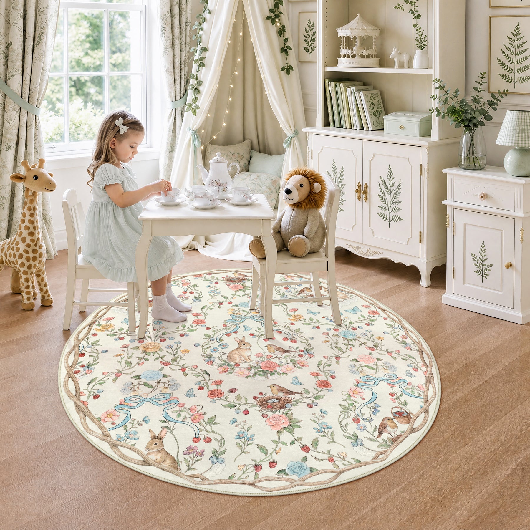 Pastoral Forest Bunny Floral Rug, Soft Water Mink Non-Slip Area Rug, Rectangular & Round Available