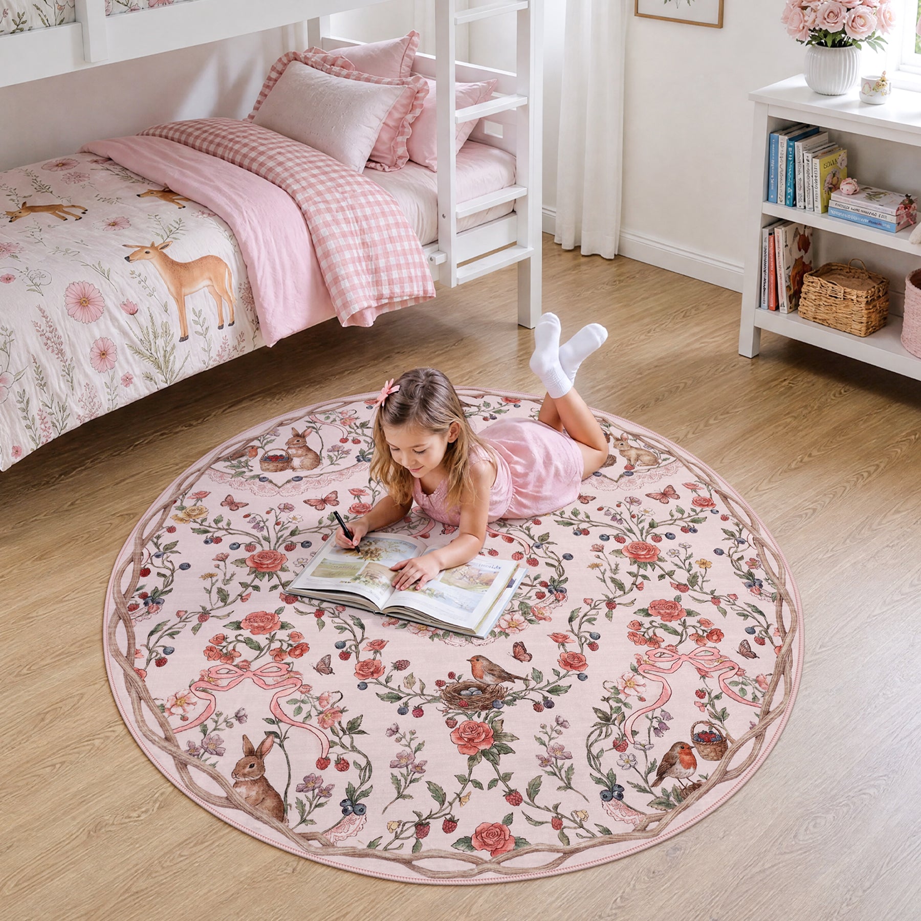 Pastoral Forest Bunny Floral Rug, Soft Water Mink Non-Slip Area Rug, Rectangular & Round Available
