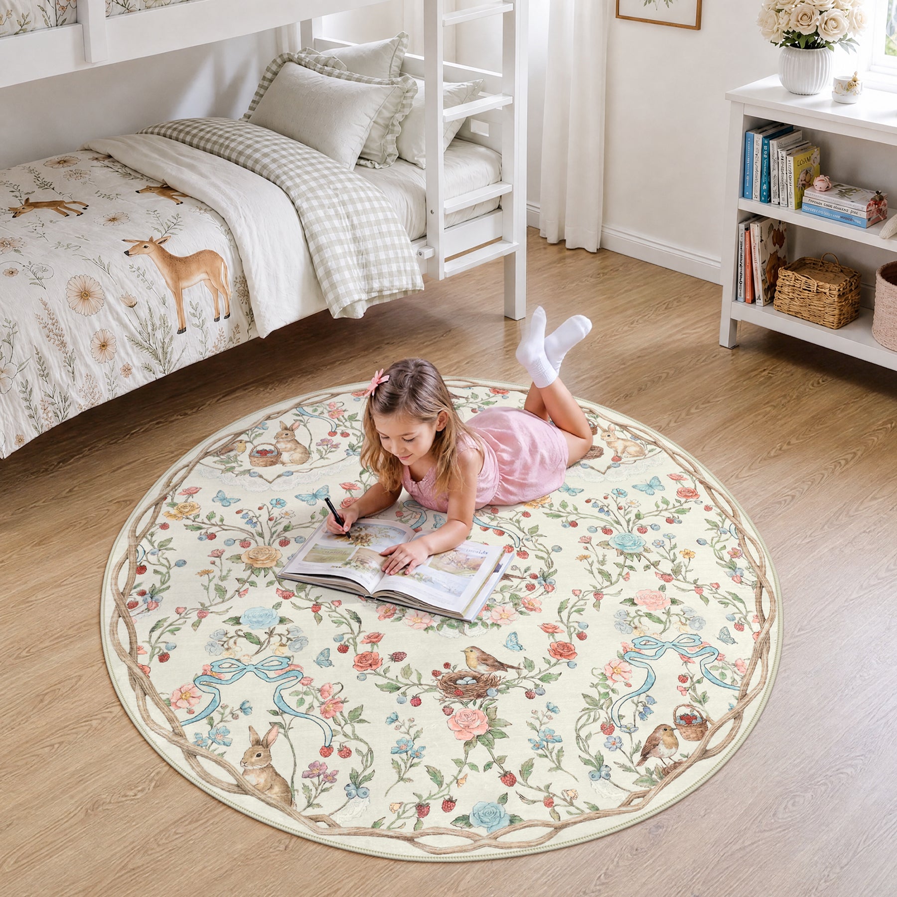 Pastoral Forest Bunny Floral Rug, Soft Water Mink Non-Slip Area Rug, Rectangular & Round Available