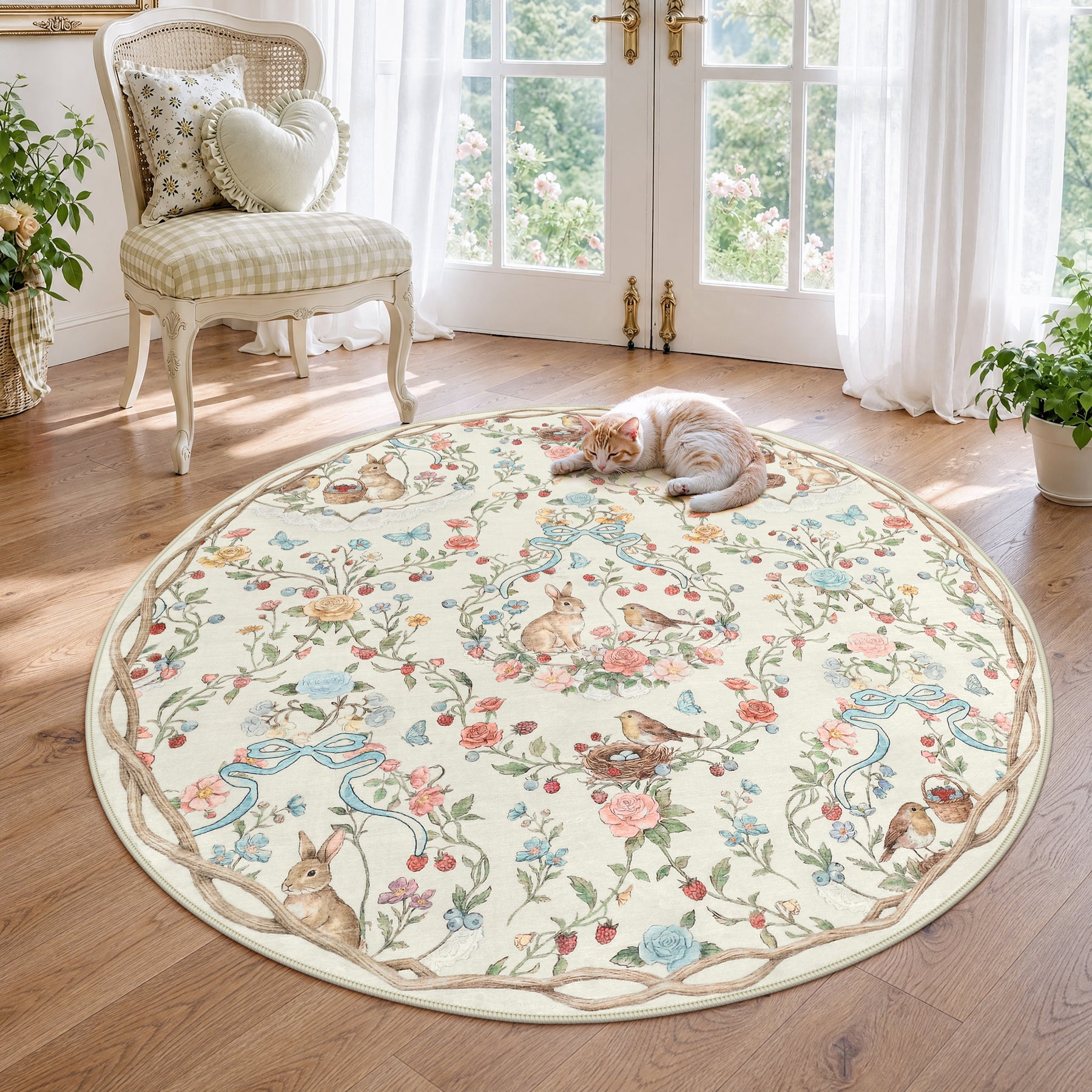 Pastoral Forest Bunny Floral Rug, Soft Water Mink Non-Slip Area Rug, Rectangular & Round Available