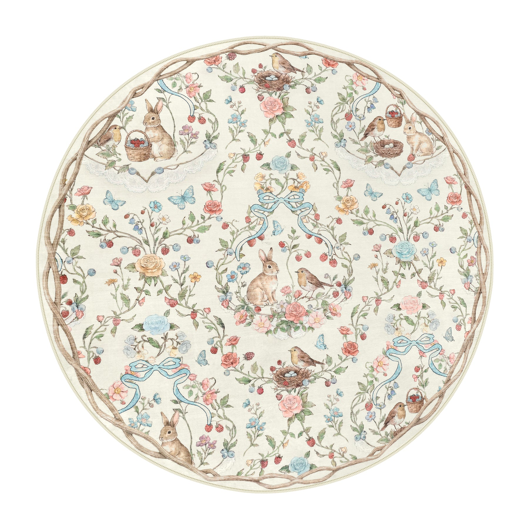 Pastoral Forest Bunny Floral Rug, Soft Water Mink Non-Slip Area Rug, Rectangular & Round Available