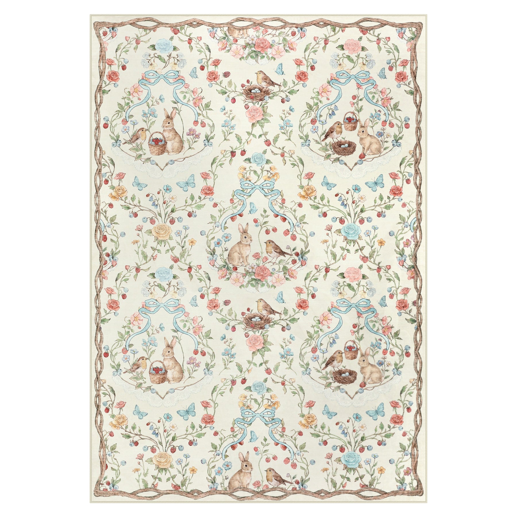Pastoral Forest Bunny Floral Rug, Soft Water Mink Non-Slip Area Rug, Rectangular & Round Available