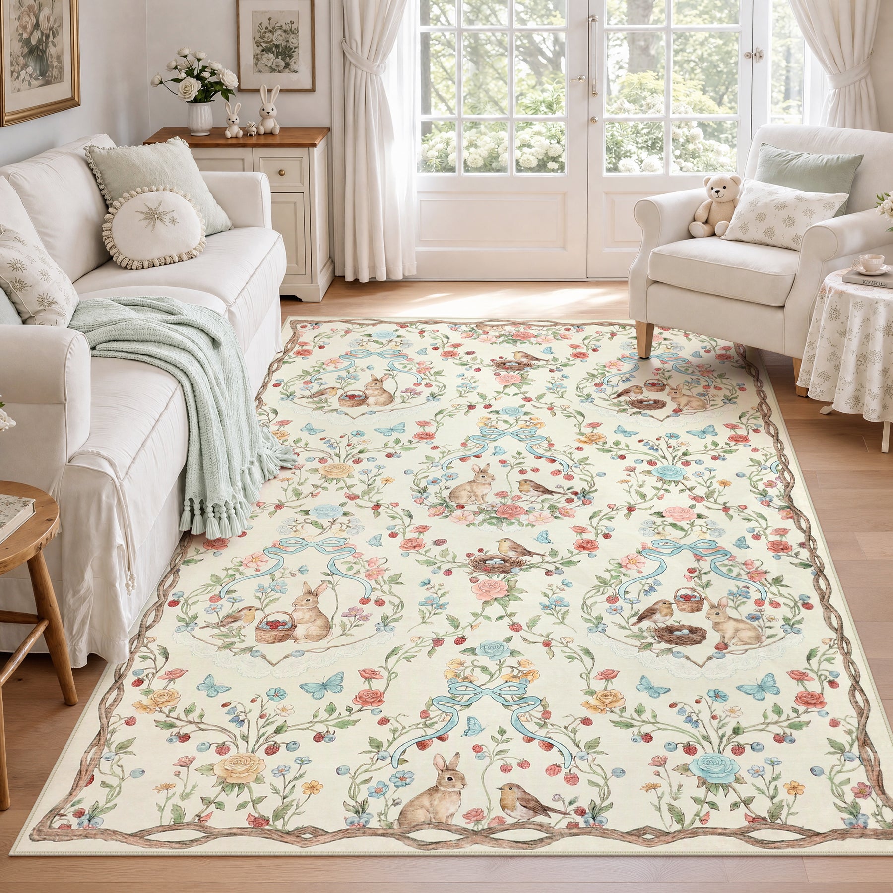 Pastoral Forest Bunny Floral Rug, Soft Water Mink Non-Slip Area Rug, Rectangular & Round Available
