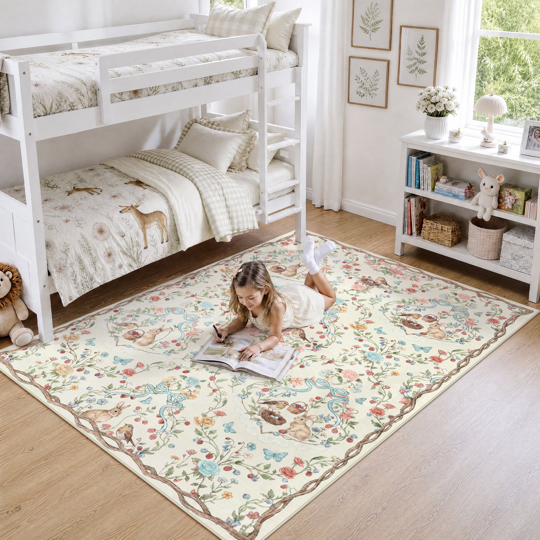 Pastoral Forest Bunny Floral Rug, Soft Water Mink Non-Slip Area Rug, Rectangular & Round Available