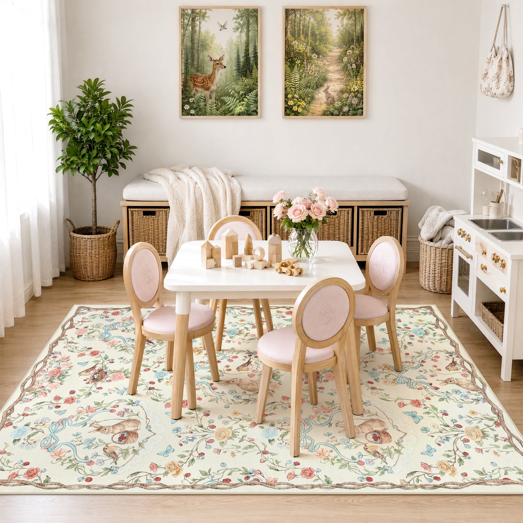 Pastoral Forest Bunny Floral Rug, Soft Water Mink Non-Slip Area Rug, Rectangular & Round Available