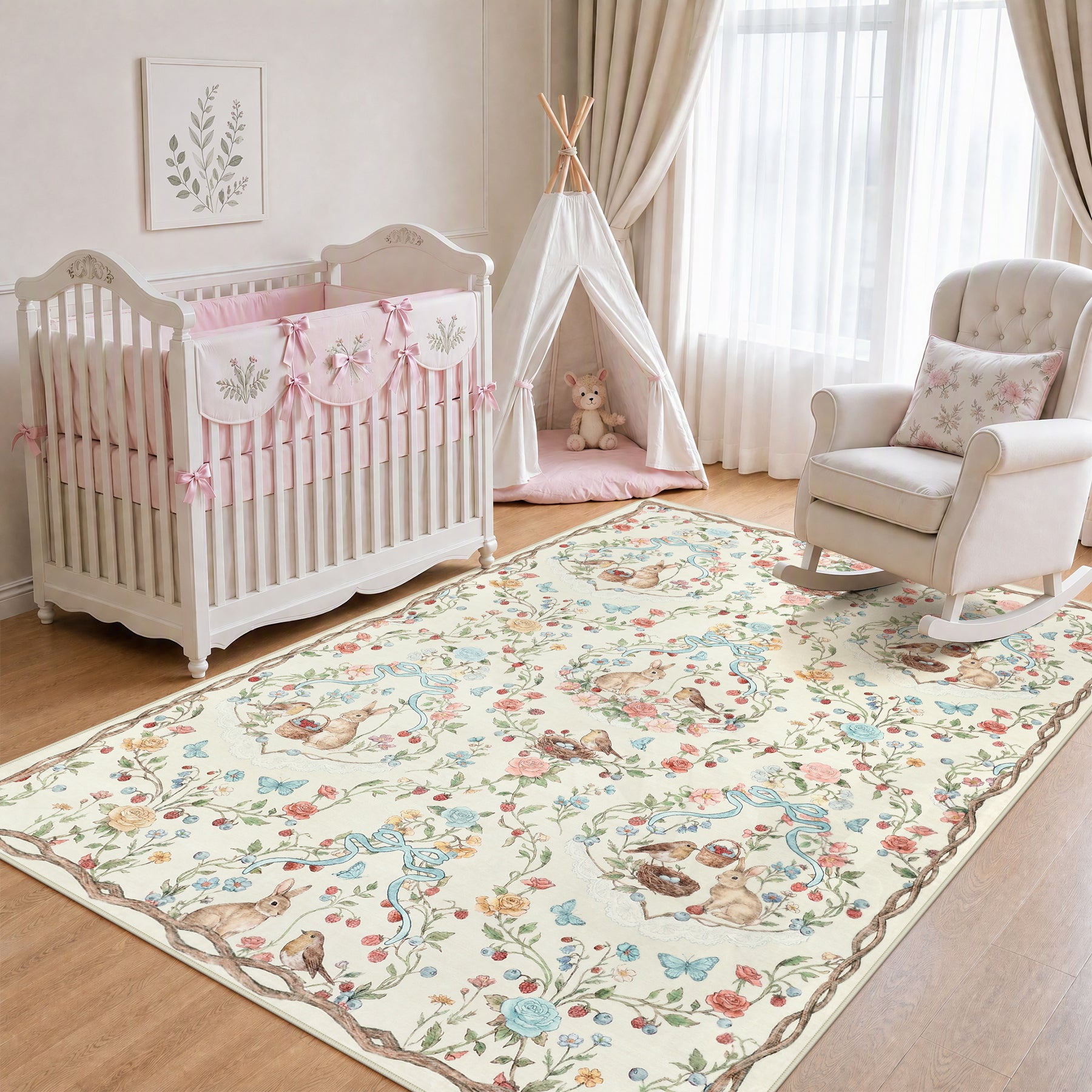 Pastoral Forest Bunny Floral Rug, Soft Water Mink Non-Slip Area Rug, Rectangular & Round Available