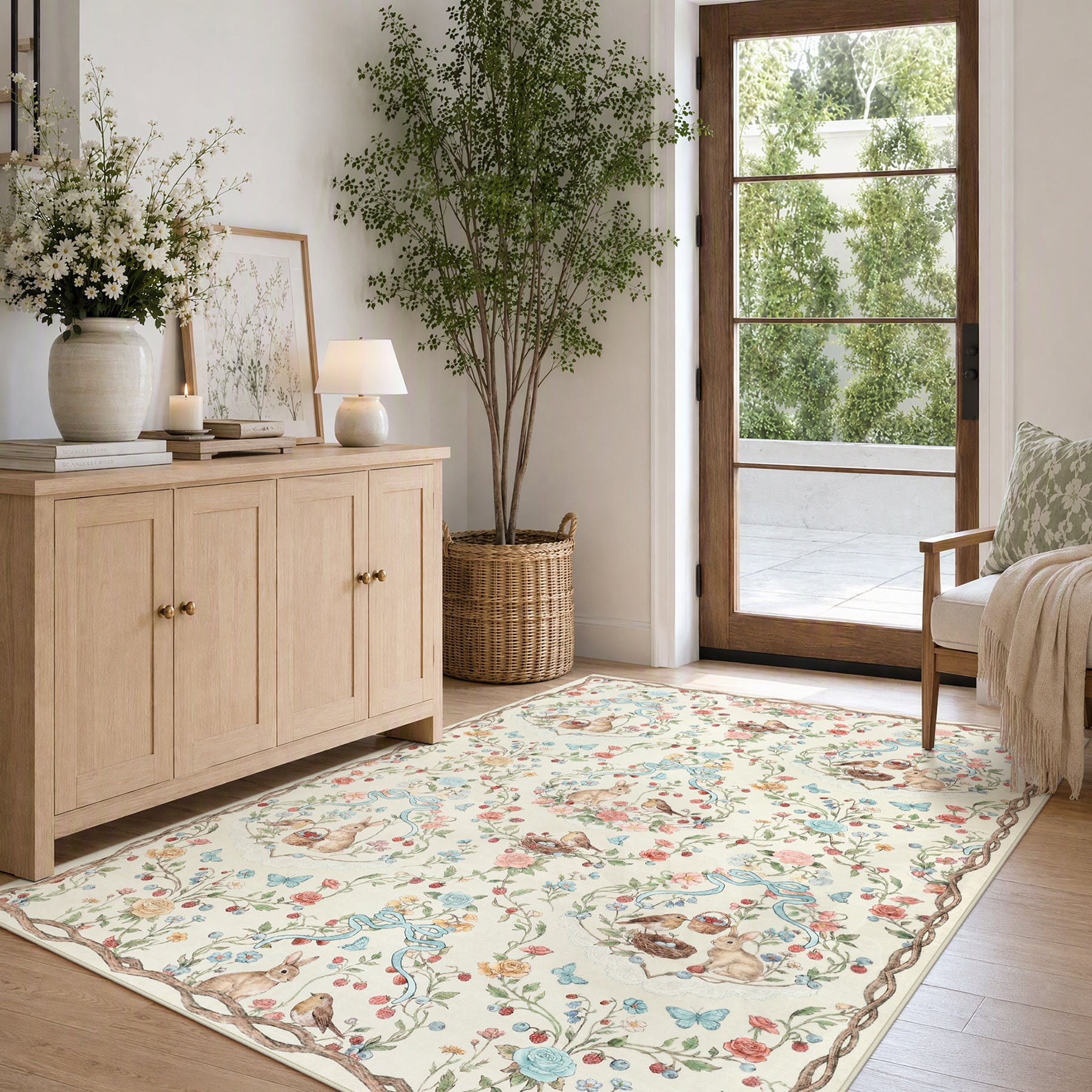Pastoral Forest Bunny Floral Rug, Soft Water Mink Non-Slip Area Rug, Rectangular & Round Available