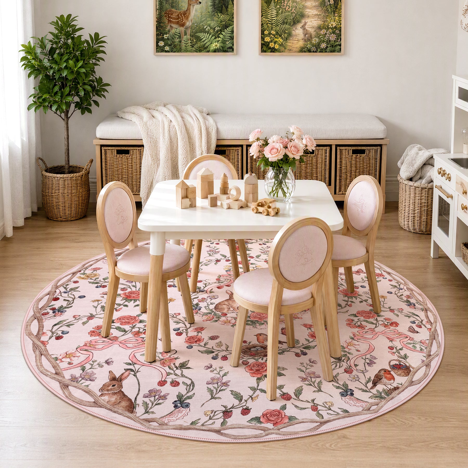 Pastoral Forest Bunny Floral Rug, Soft Water Mink Non-Slip Area Rug, Rectangular & Round Available