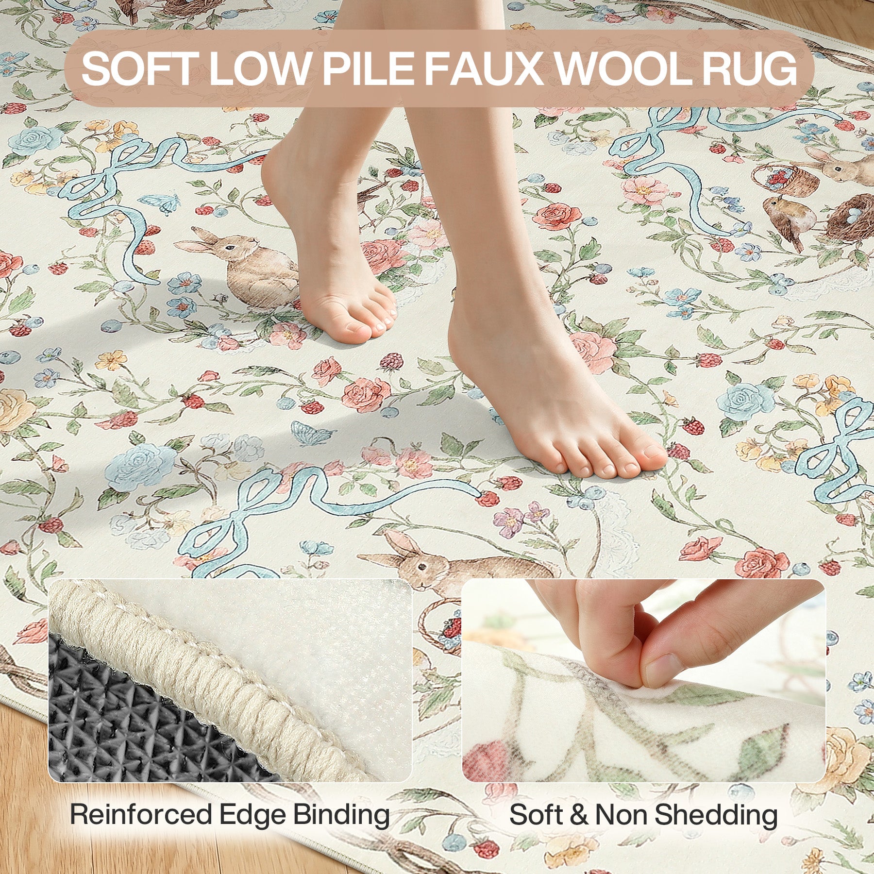 Pastoral Forest Bunny Floral Rug, Soft Water Mink Non-Slip Area Rug, Rectangular & Round Available