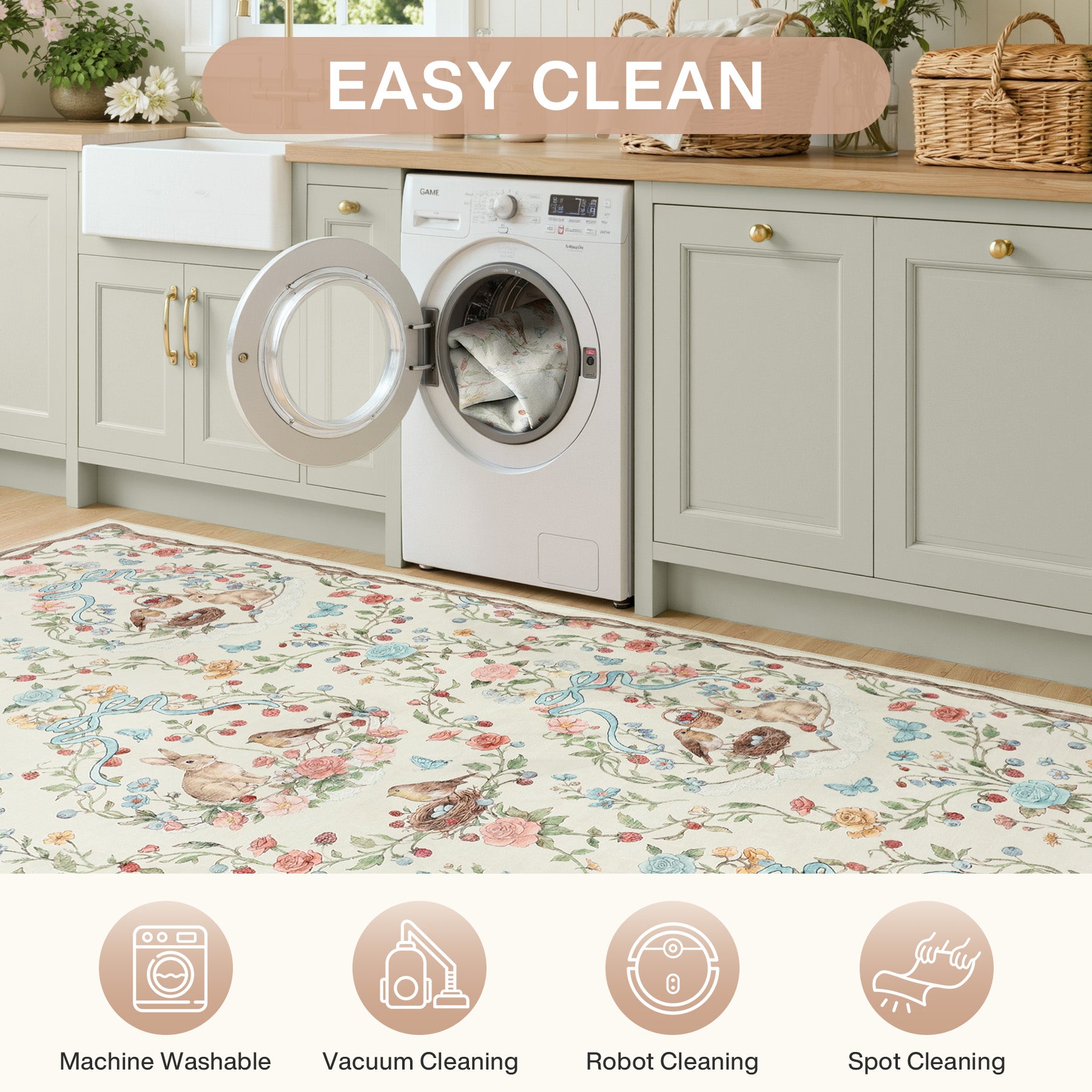 Pastoral Forest Bunny Floral Rug, Soft Water Mink Non-Slip Area Rug, Rectangular & Round Available