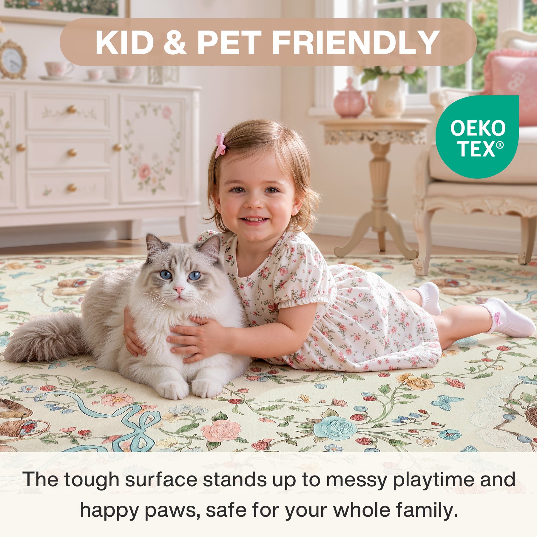 Pastoral Forest Bunny Floral Rug, Soft Water Mink Non-Slip Area Rug, Rectangular & Round Available