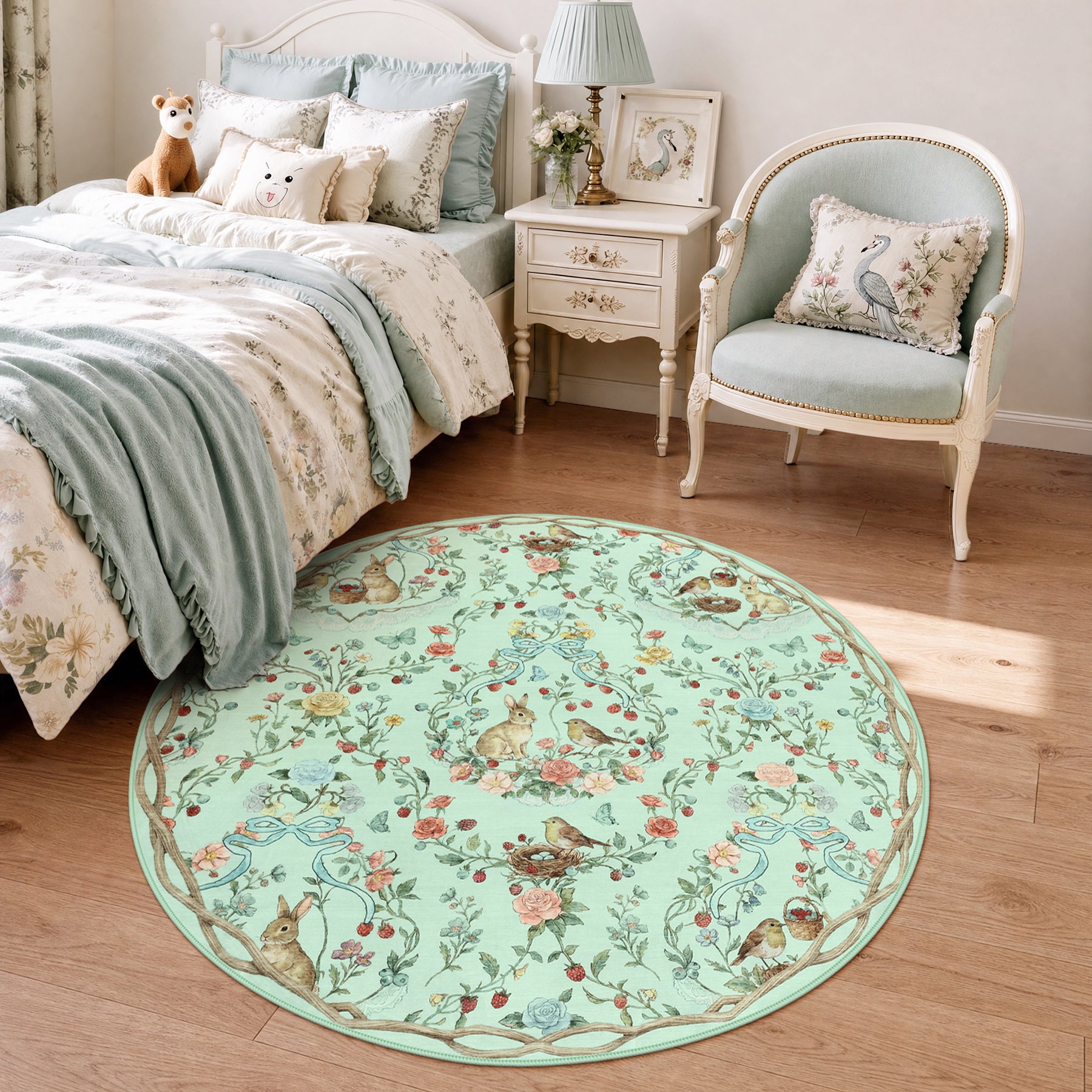 Pastoral Forest Bunny Floral Rug, Soft Water Mink Non-Slip Area Rug, Rectangular & Round Available