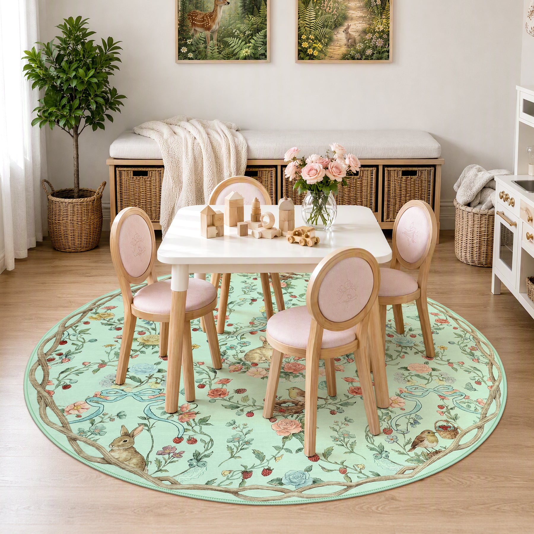 Pastoral Forest Bunny Floral Rug, Soft Water Mink Non-Slip Area Rug, Rectangular & Round Available