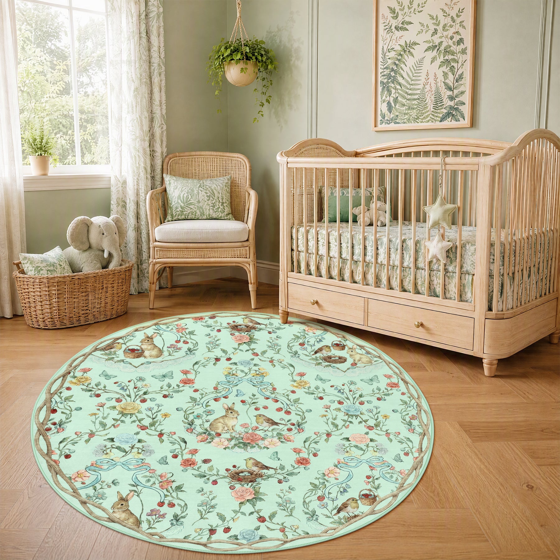 Pastoral Forest Bunny Floral Rug, Soft Water Mink Non-Slip Area Rug, Rectangular & Round Available