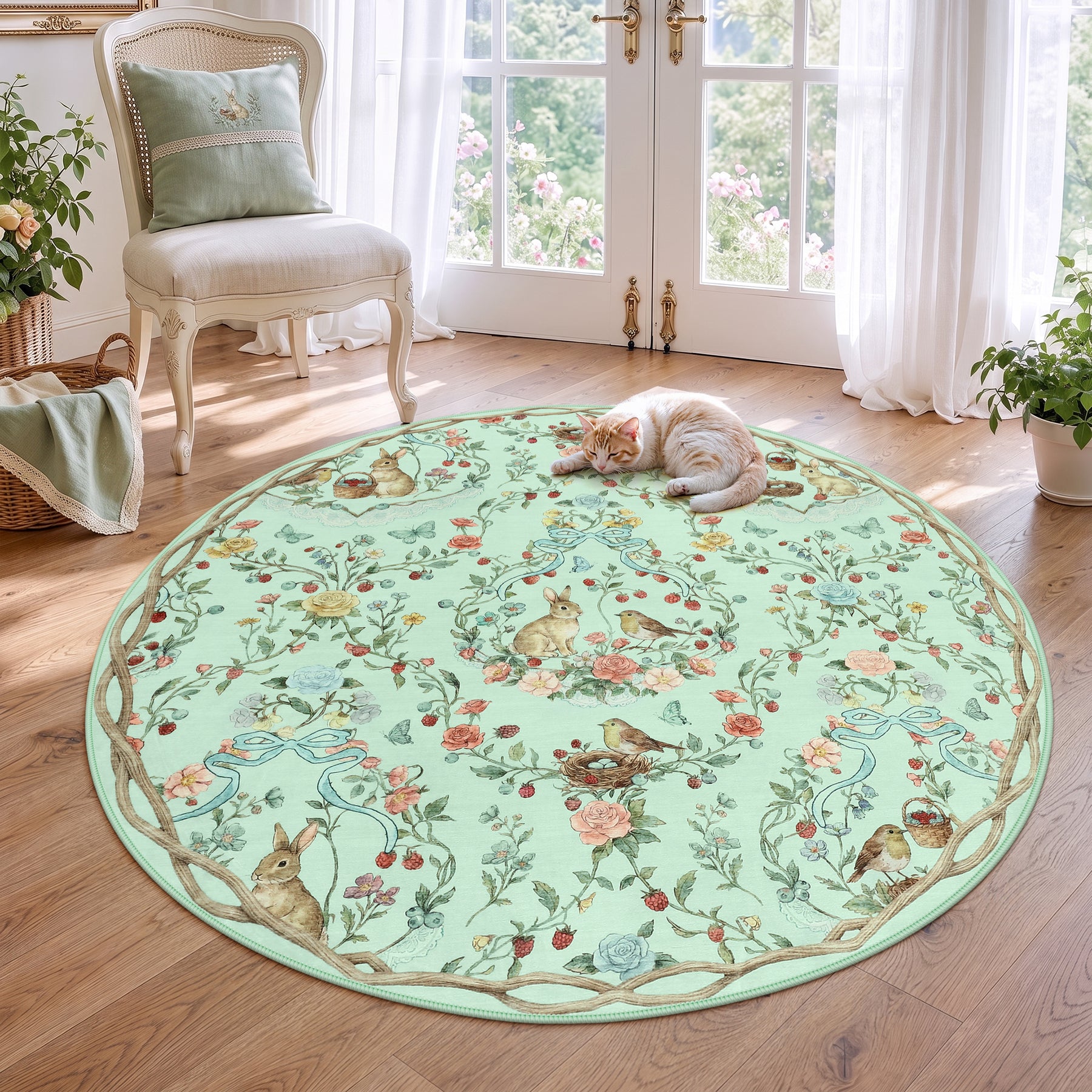 Pastoral Forest Bunny Floral Rug, Soft Water Mink Non-Slip Area Rug, Rectangular & Round Available