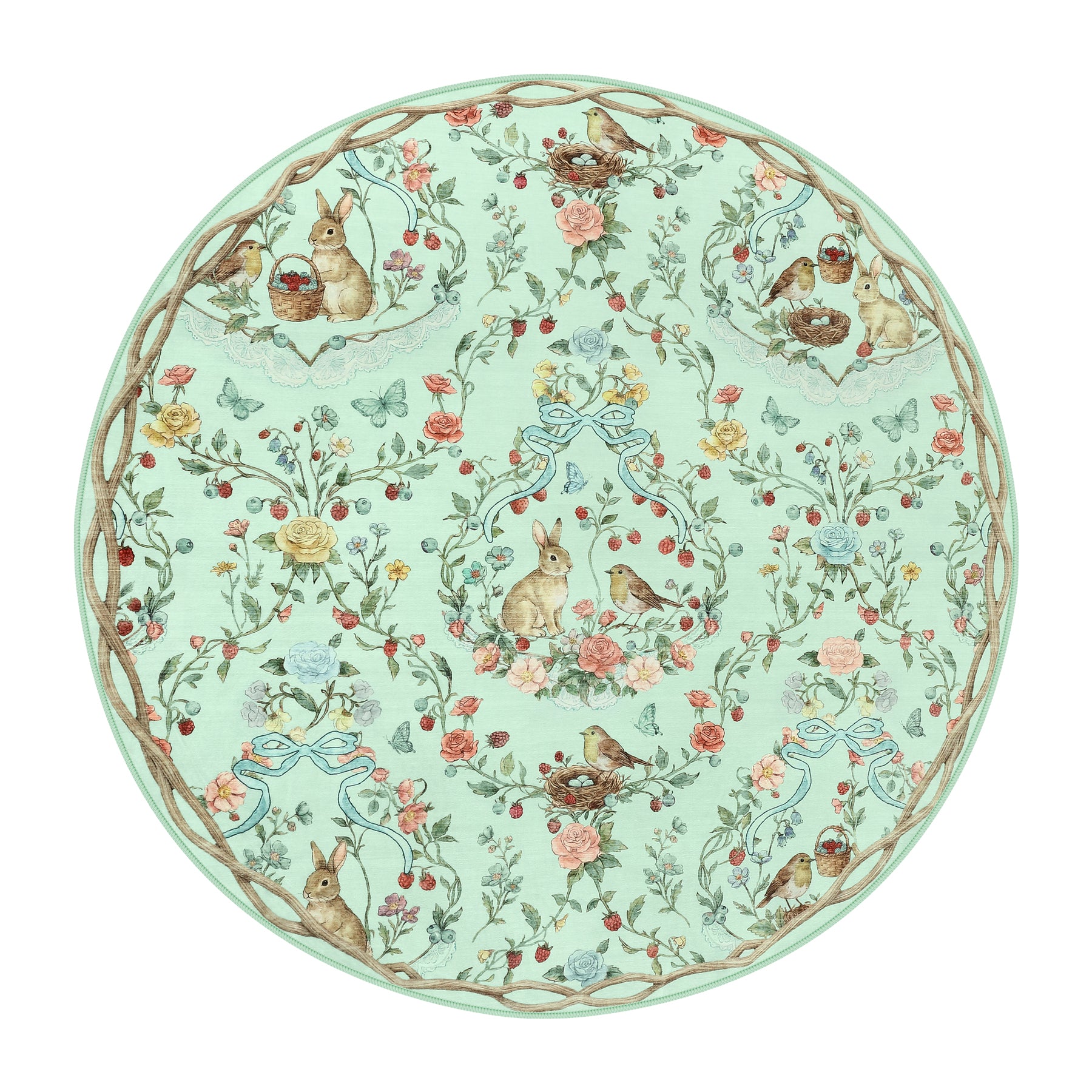 Pastoral Forest Bunny Floral Rug, Soft Water Mink Non-Slip Area Rug, Rectangular & Round Available