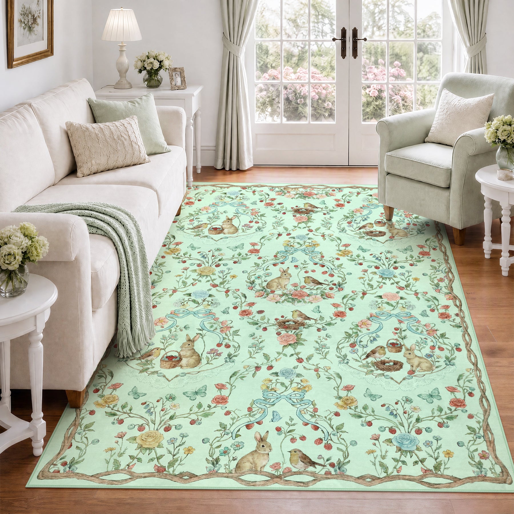 Pastoral Forest Bunny Floral Rug, Soft Water Mink Non-Slip Area Rug, Rectangular & Round Available